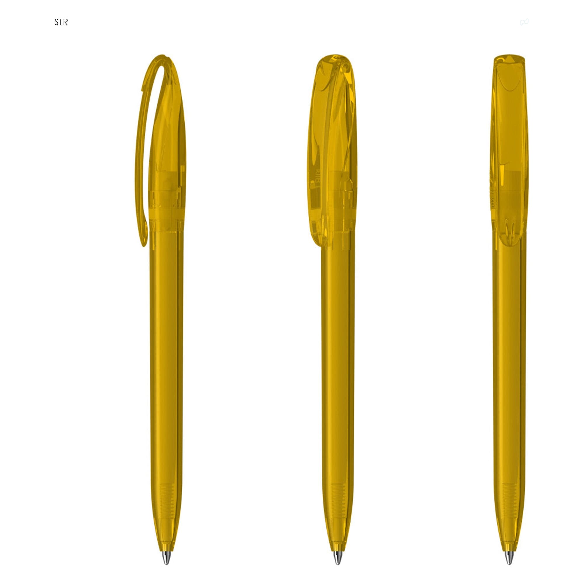 A set of transparent yellow plastic pens with clips, showcasing three different angles. Each pen has a sleek design.