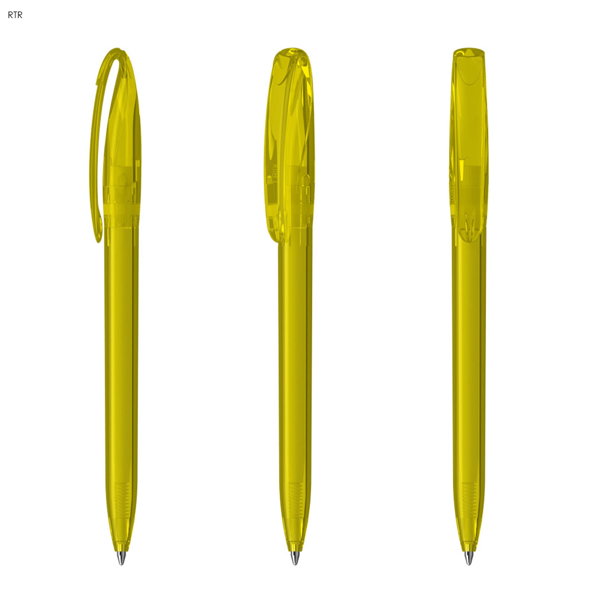 A set of transparent yellow plastic pens with a clip and click mechanism, featuring a smooth barrel design.