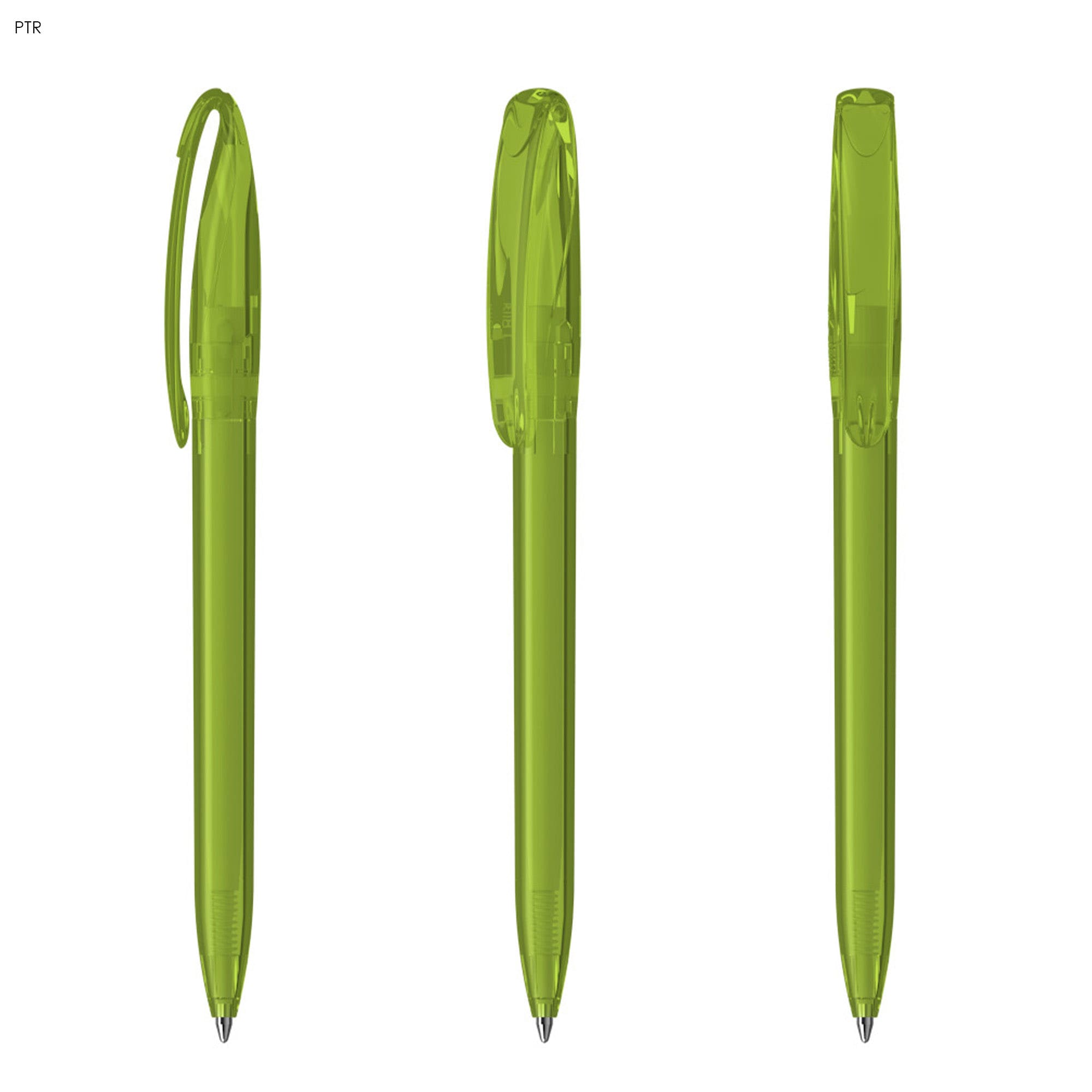 A set of plastic pens in vibrant green, featuring a transparent design and a logo on the side.