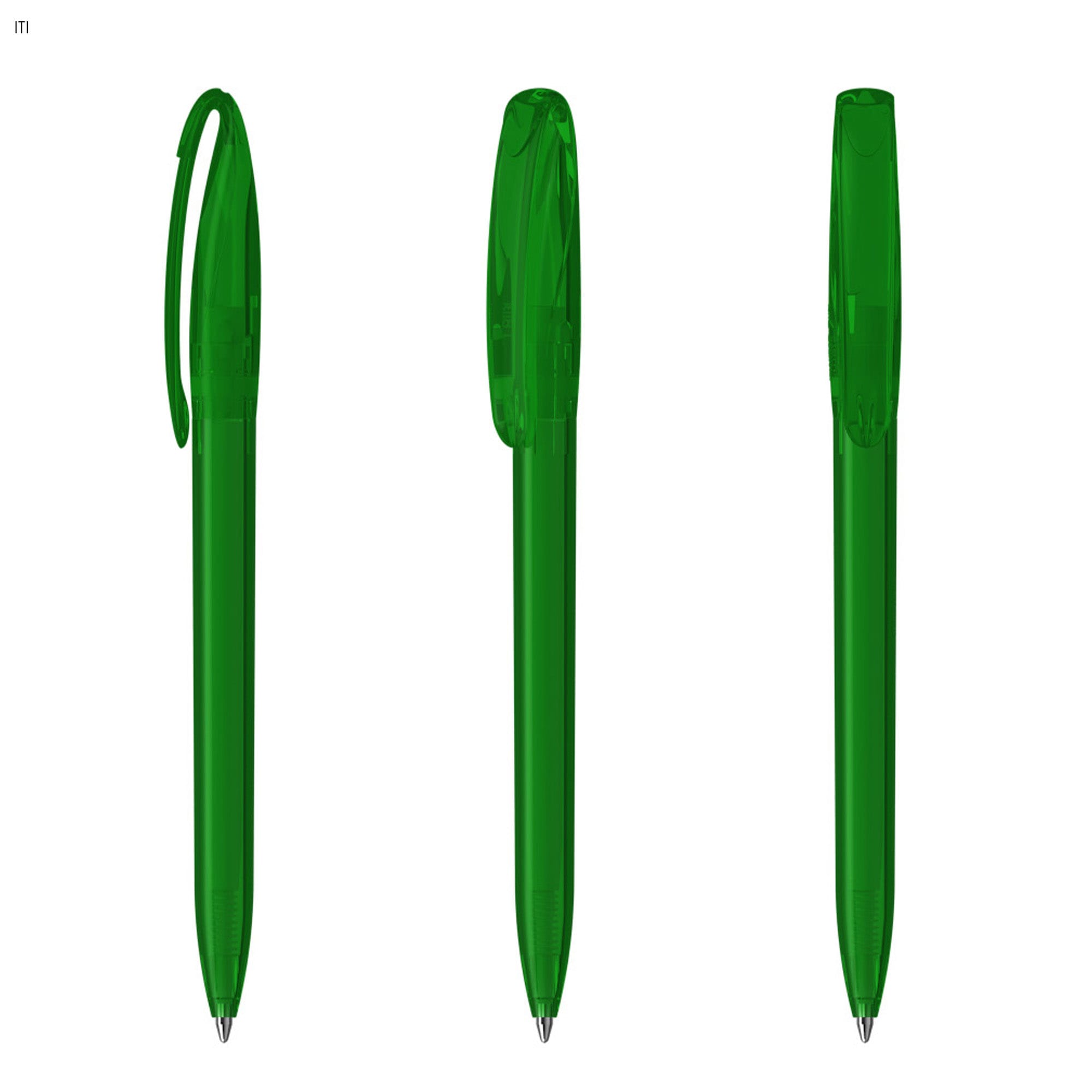 Three transparent green plastic pens are displayed, featuring a simple design and clips on the caps.