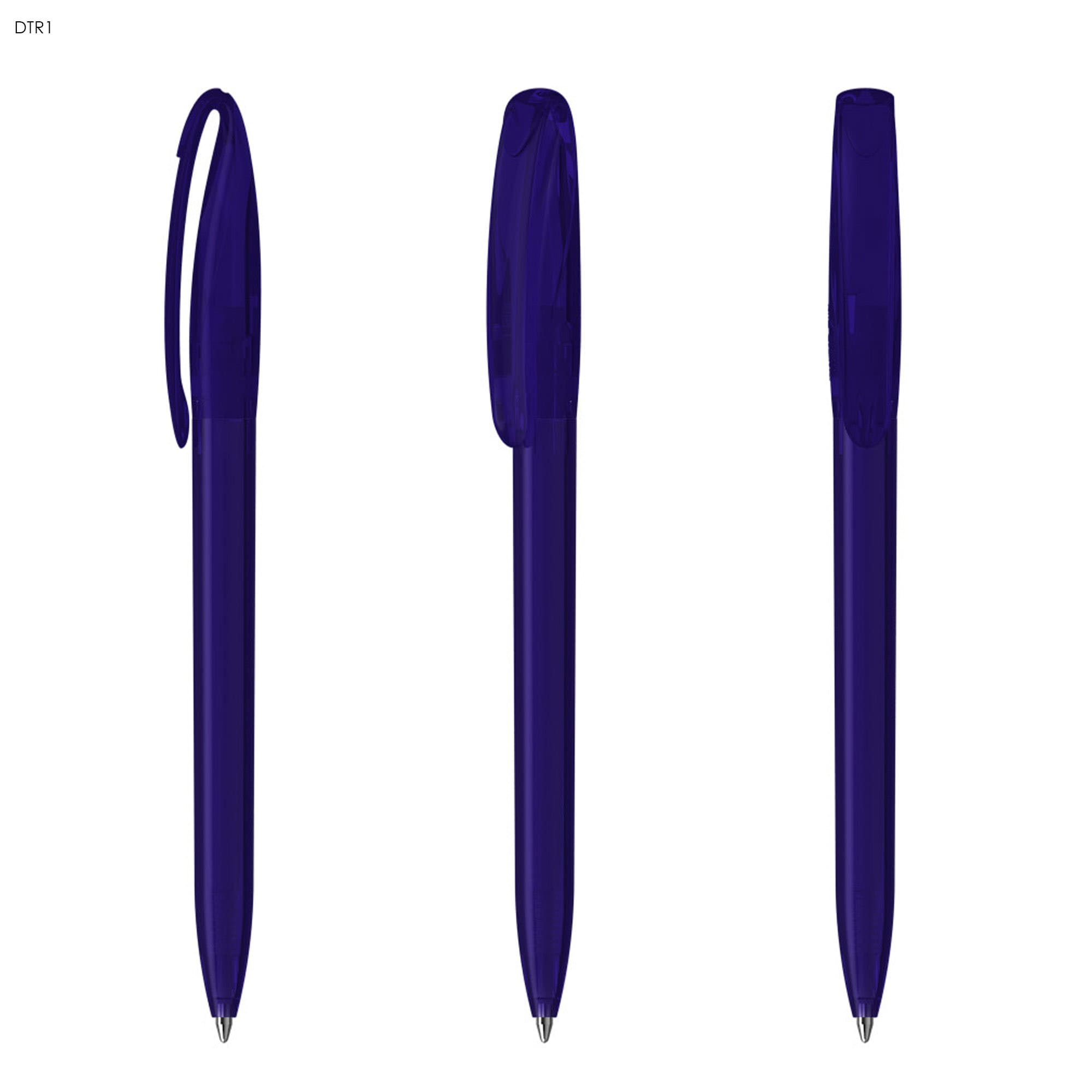 Three transparent plastic pens in a deep purple colour, featuring clips and smooth barrel designs.