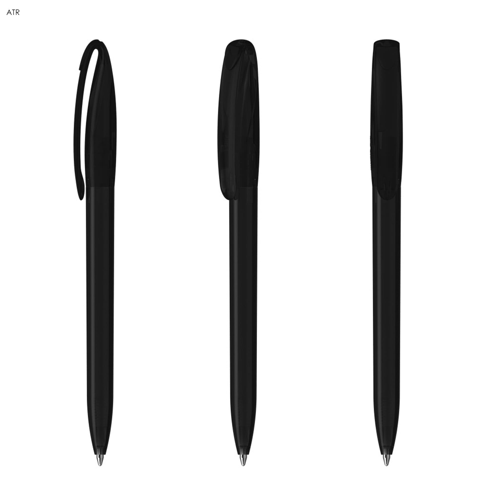 A set of black plastic pens with a clip and capped design, featuring a streamlined shape.