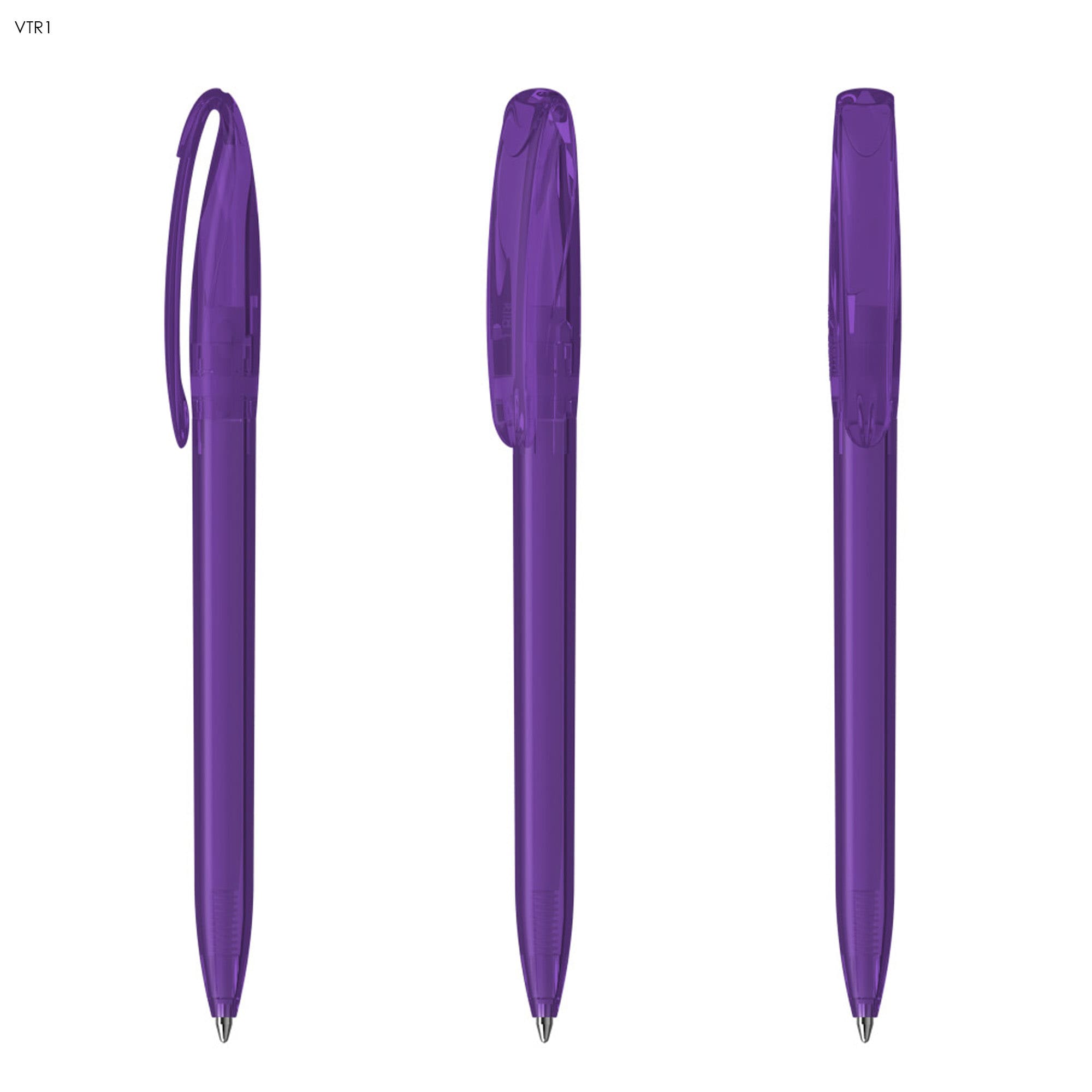 Three purple plastic pens with transparent bodies and clip tops, featuring a sleek design.