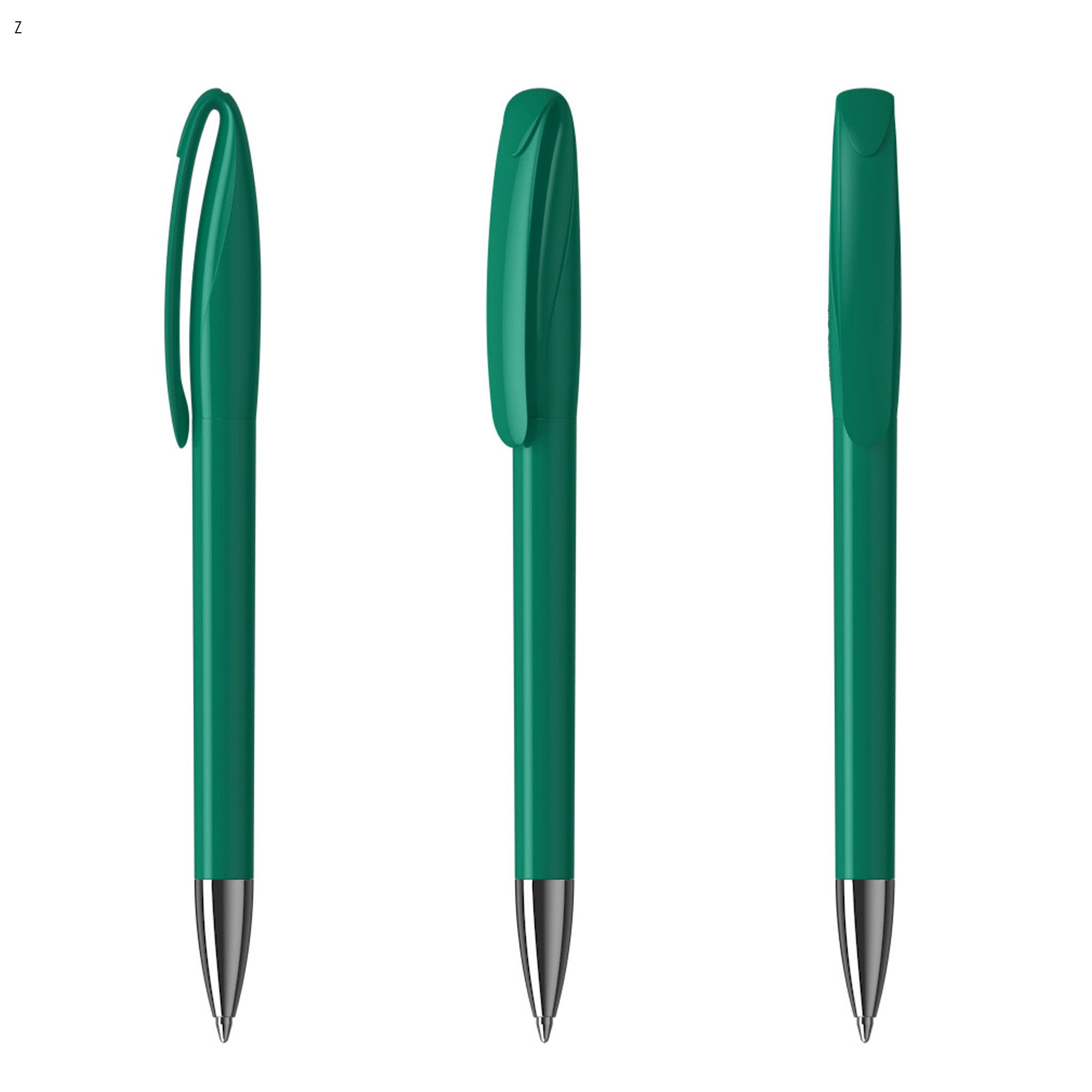 A green plastic pen with a sleek design and silver tip, featuring a clip and smooth rounded barrel.