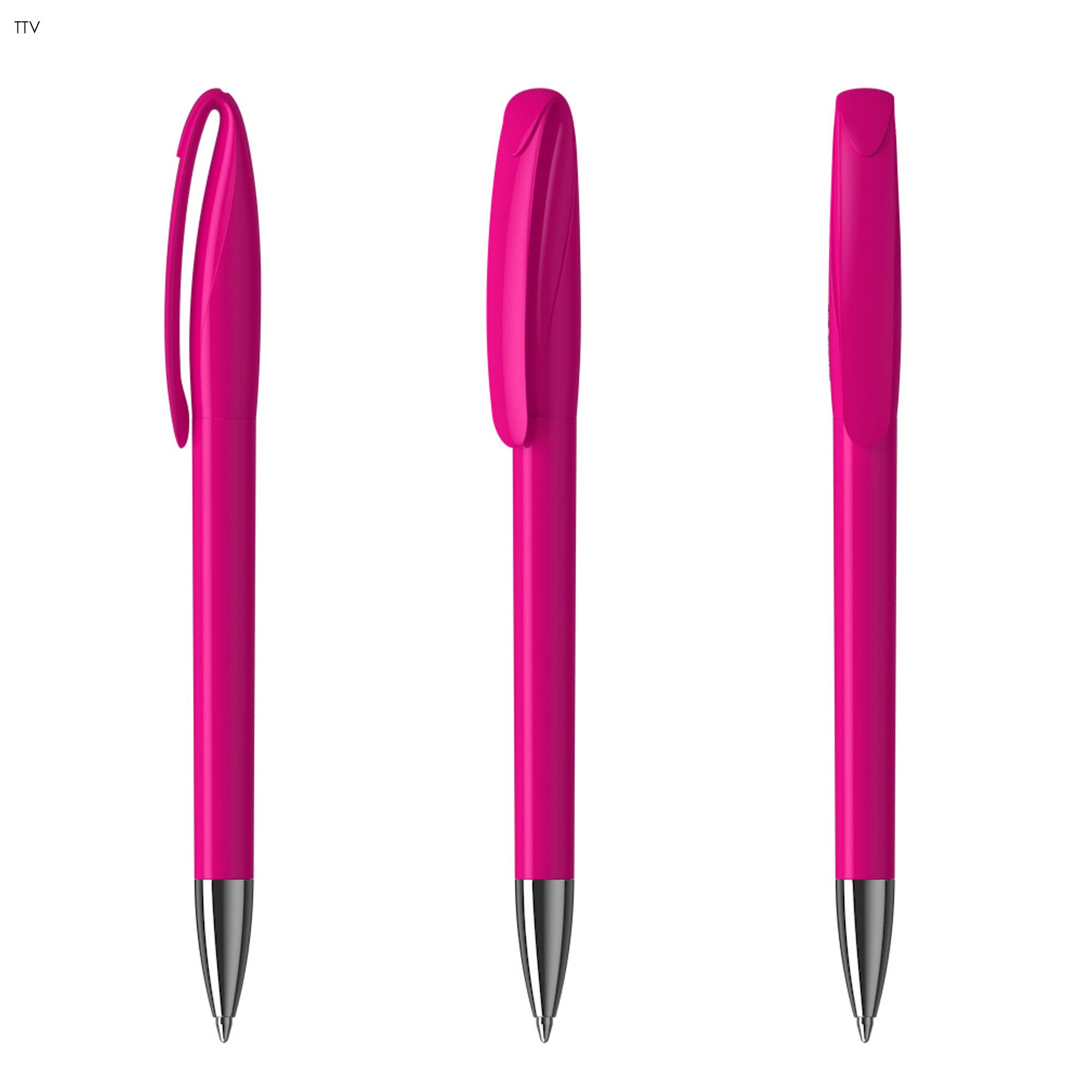 A pink plastic pen with a sleek design and a clip, featuring a shiny metallic tip.