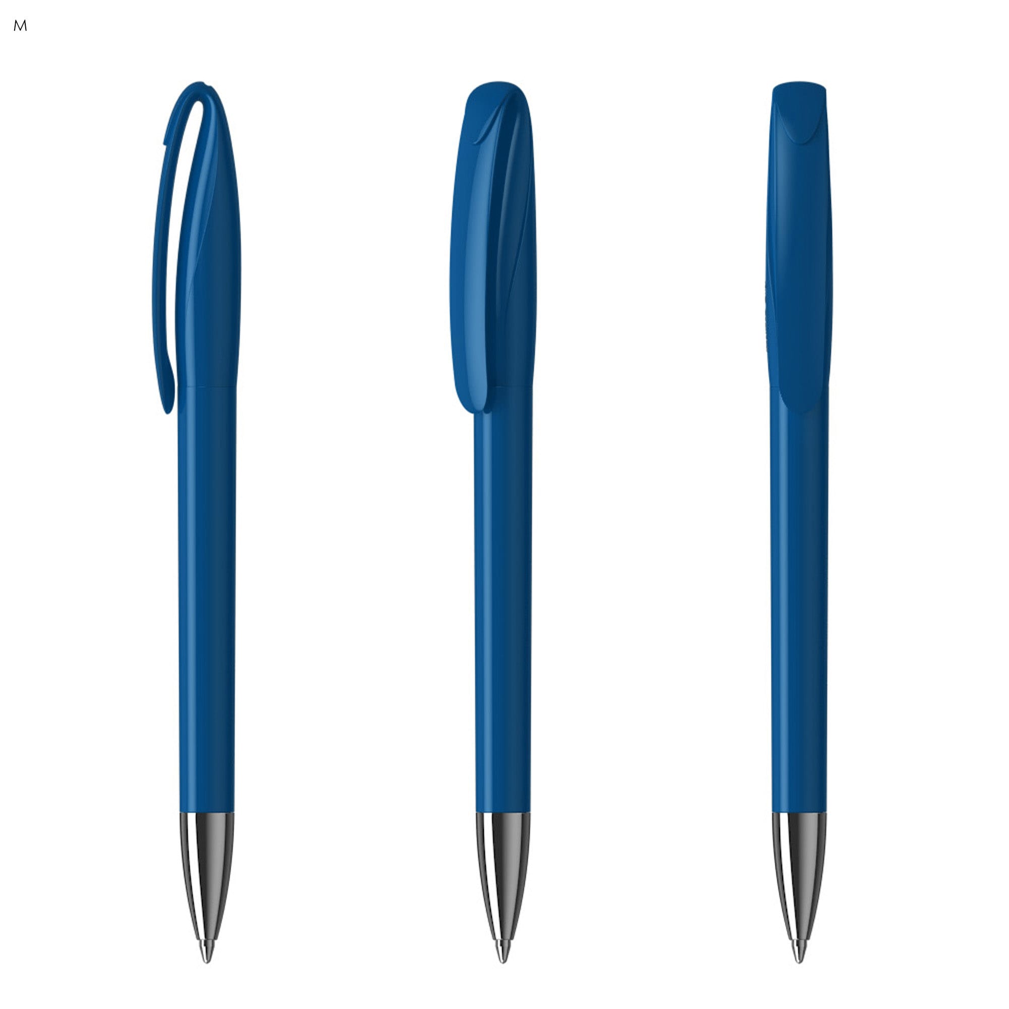 A blue plastic pen with a smooth grip and a chrome tip, featuring a clip and a rounded cap.