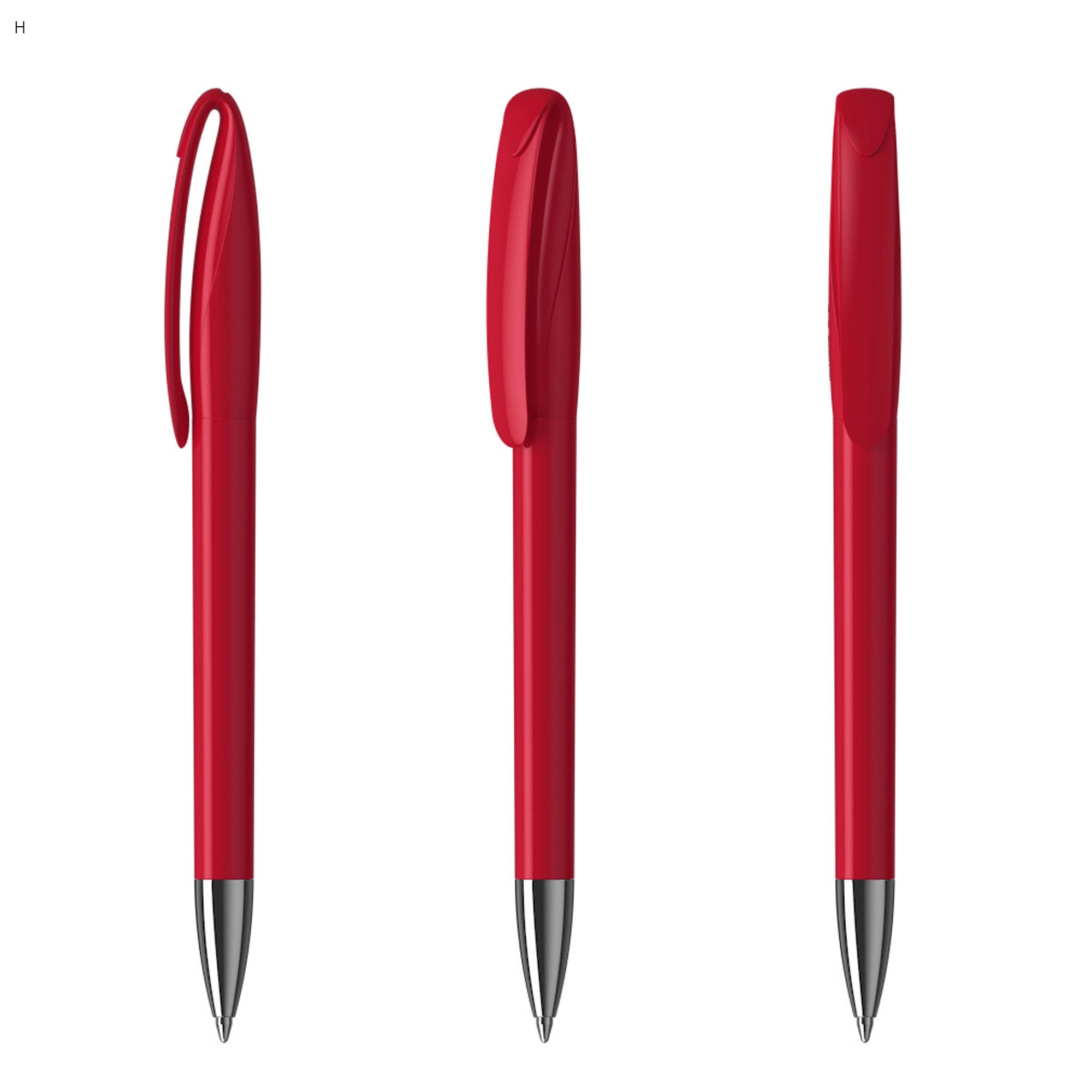 A set of three red plastic pens with a sleek design and a clip for easy attachment. Each pen has a shiny silver tip.