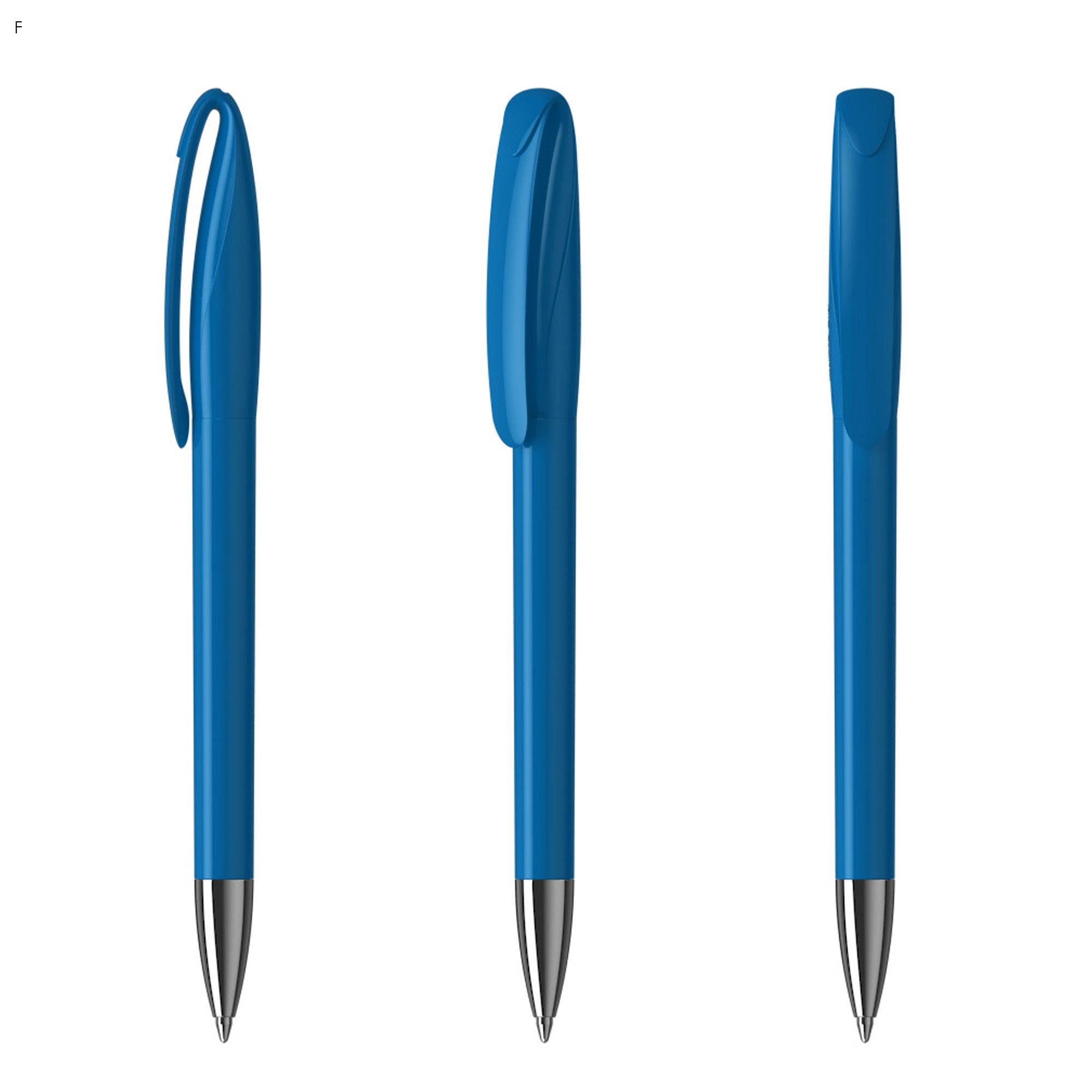 A plastic pen in blue with a sleek design and a silver tip, featuring a branding logo.