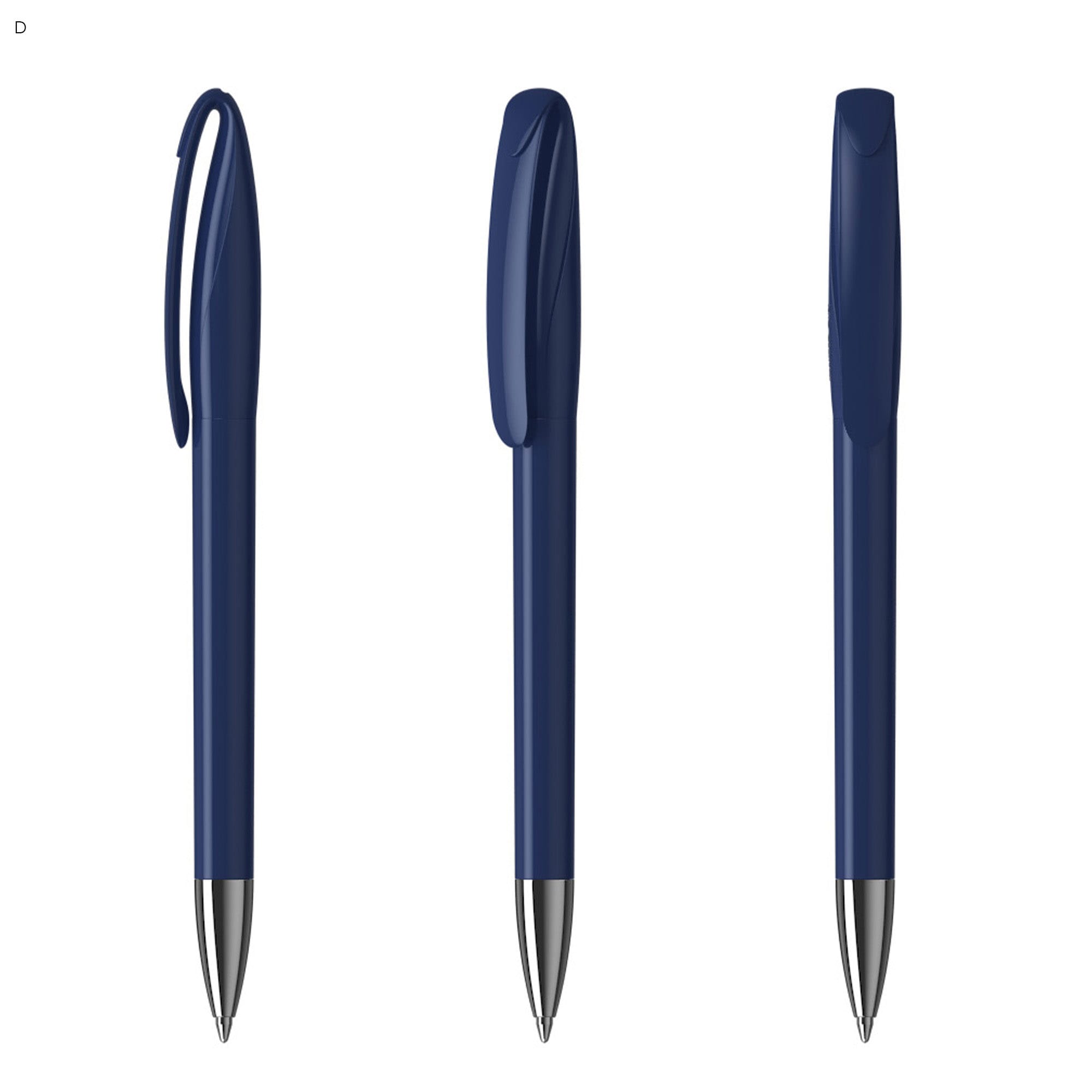 A blue plastic pen with a clip, featuring a smooth design and metallic tip, shown from multiple angles.
