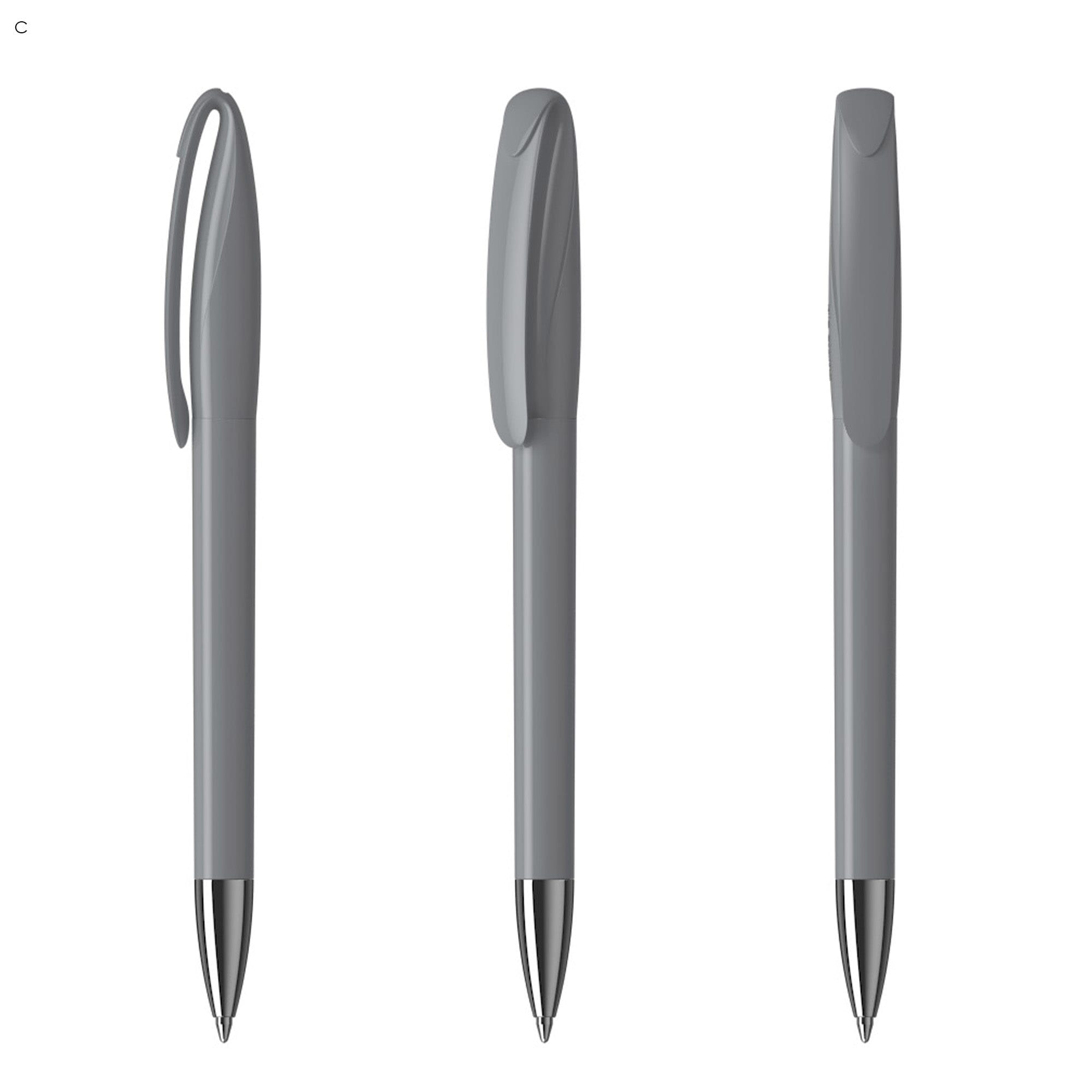 A grey plastic pen with a smooth design and chrome tip, featuring a clip and a logo.