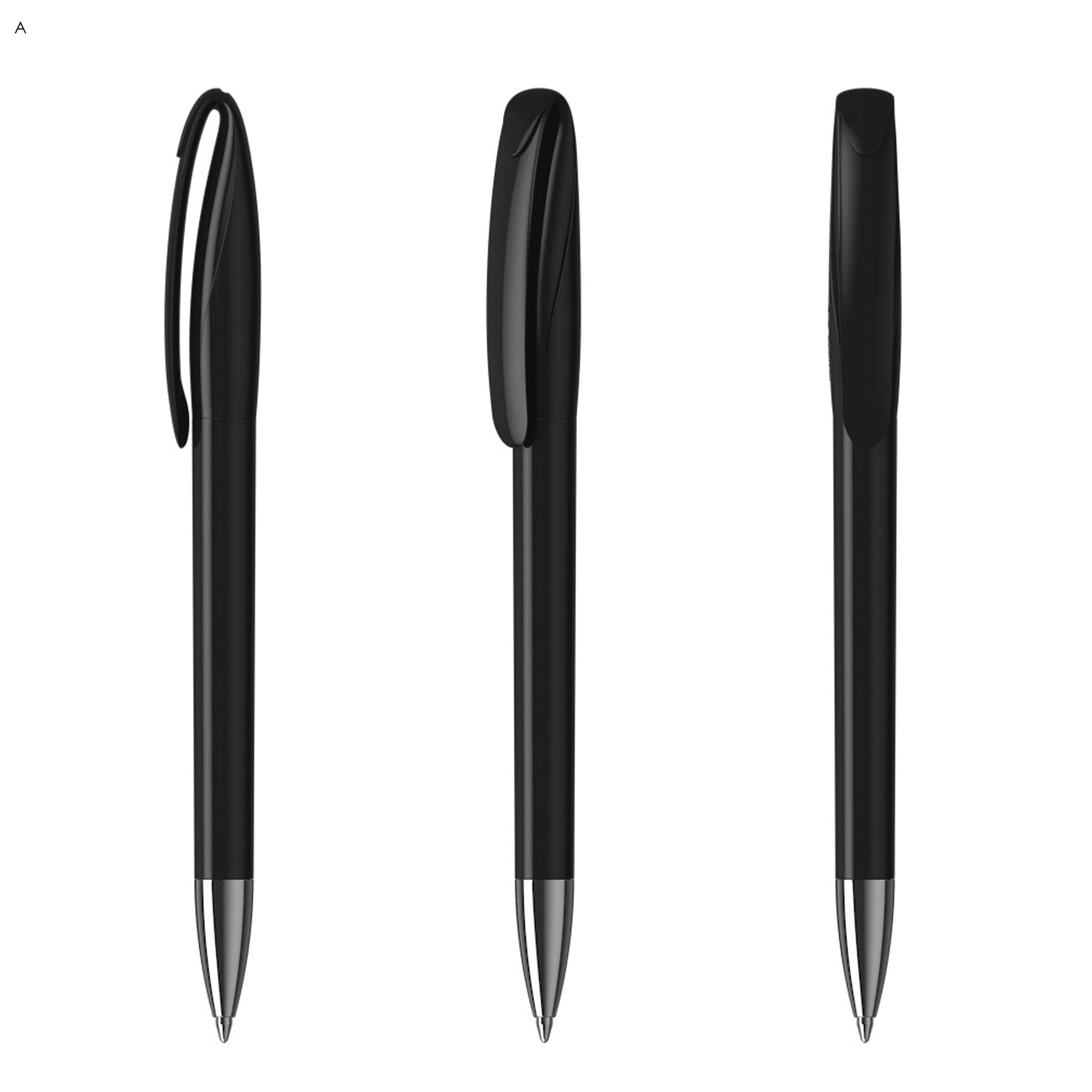 A set of three black plastic pens with silver tips and streamlined designs. Each pen has a clip for convenience.