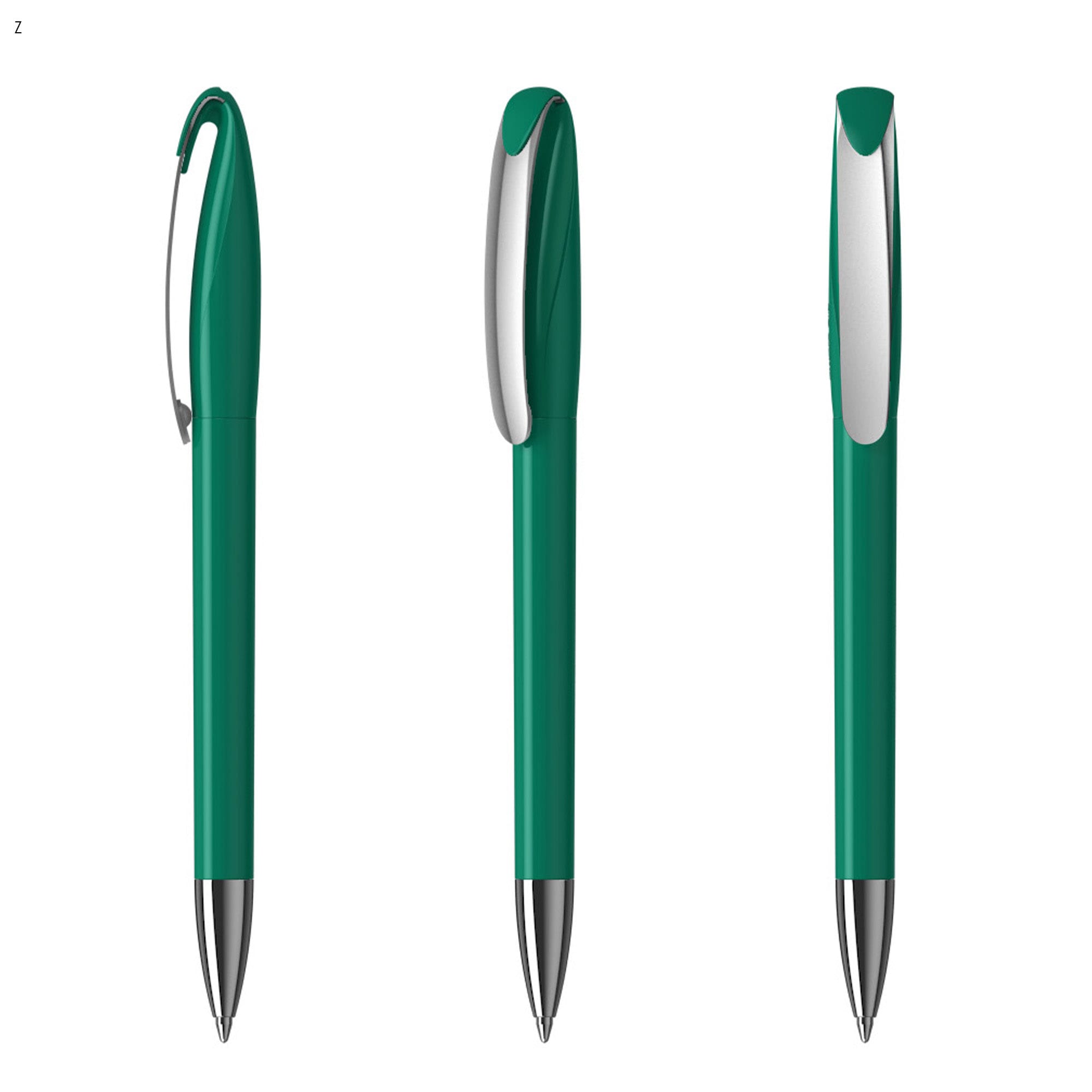 A set of green plastic pens with a sleek design and metallic accents, featuring a clip on one side.