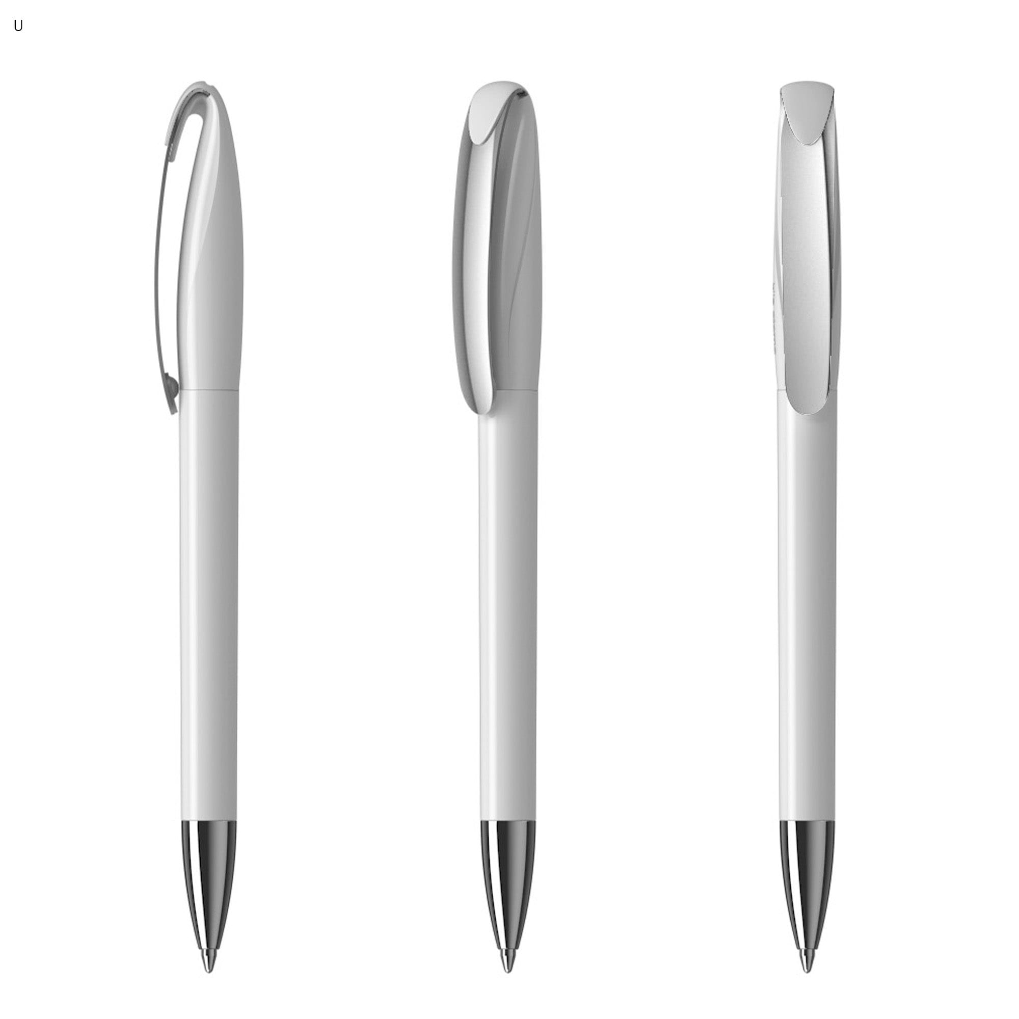 A set of three white plastic pens with silver accents. Each pen features a sleek design and a clip.