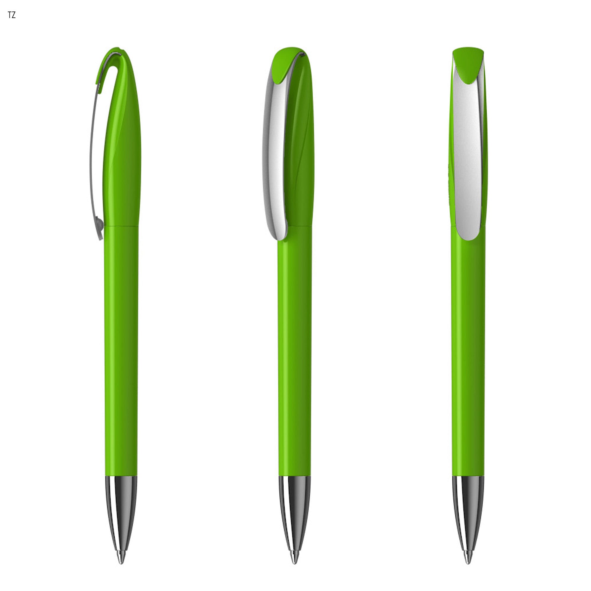 A green plastic pen with a silver clip, featuring a smooth, sleek design from multiple angles.