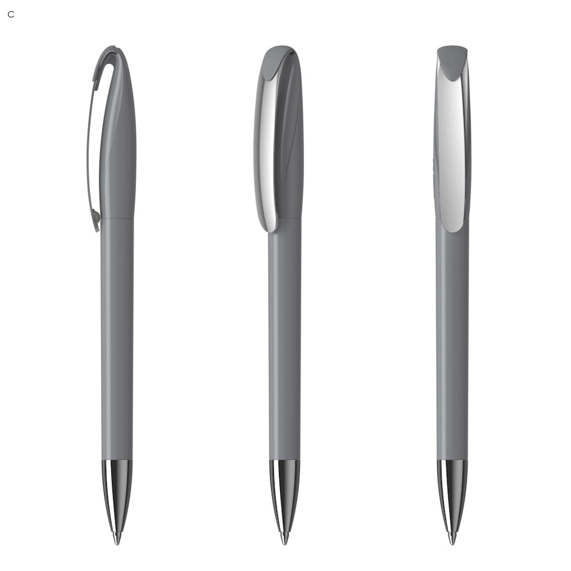 A set of grey plastic pens featuring a sleek design and metallic accents. Each pen has a clip and a smooth finish.
