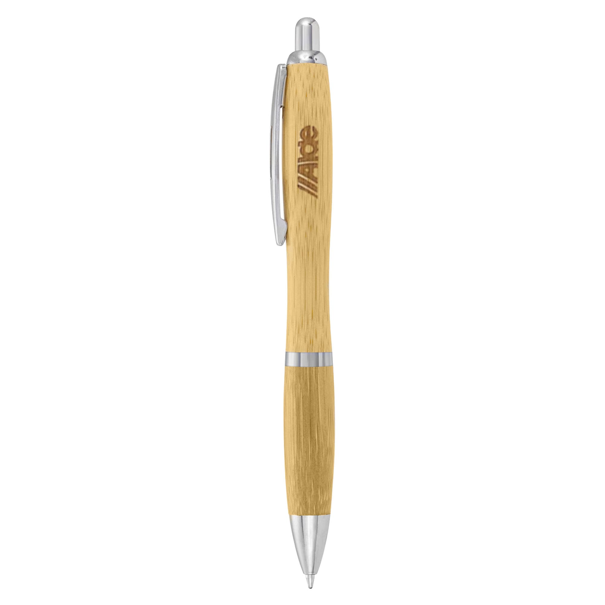 A bamboo pen in a natural wood finish with silver accents and a branding logo.