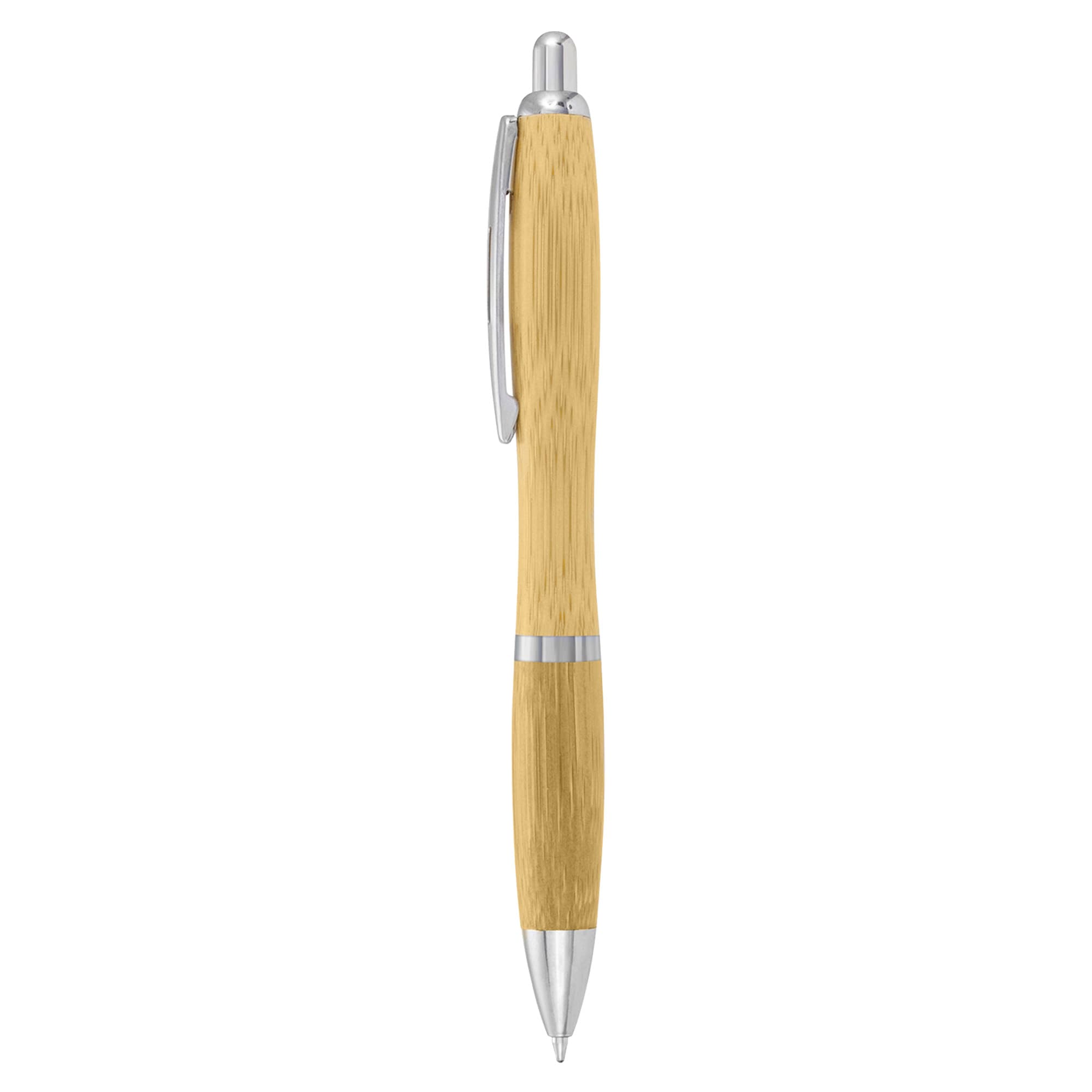 A wooden pen with a bamboo finish and silver accents, featuring a clip and a smooth writing tip.