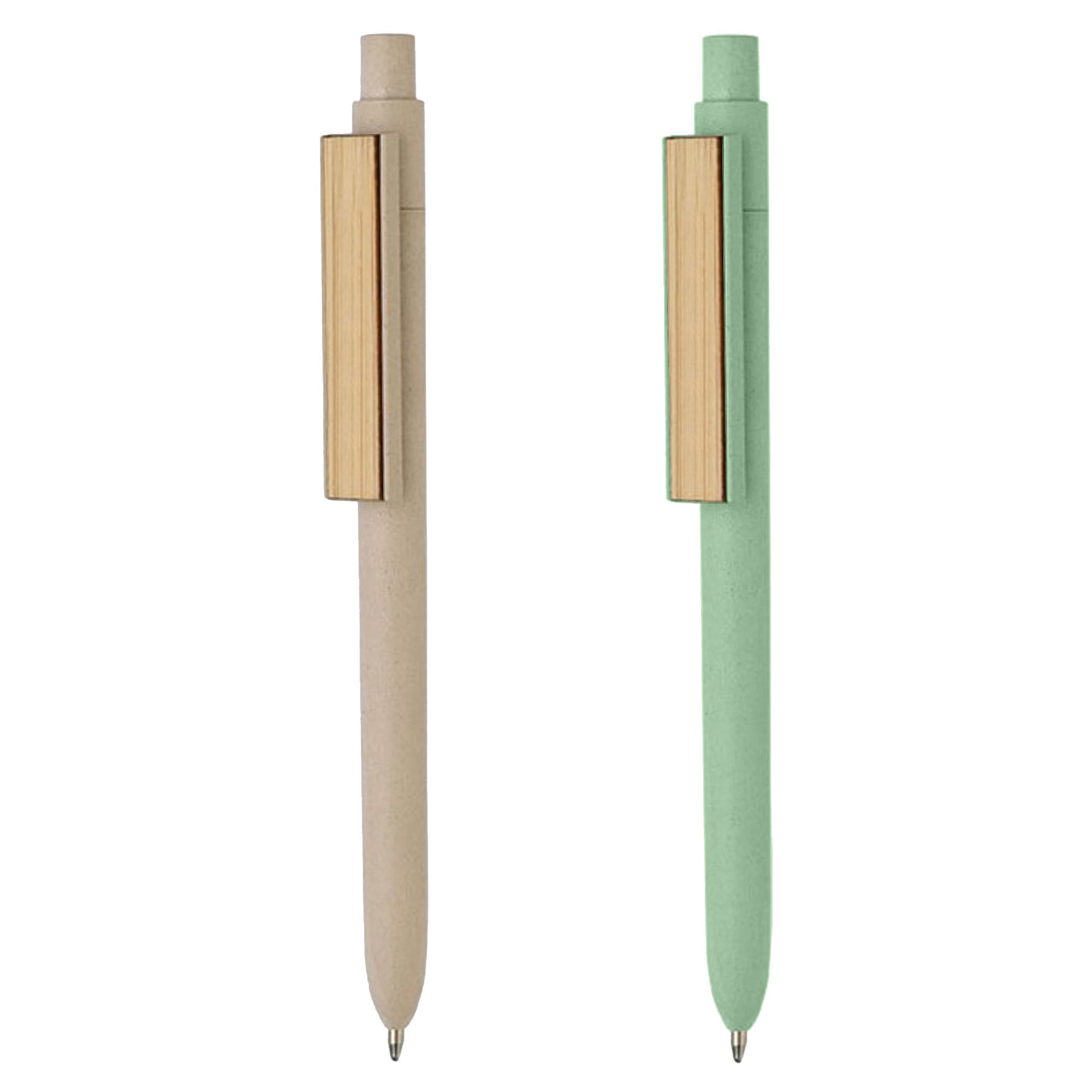 A bamboo fibre pen in beige and a green variant, featuring a sleek metal clip and a simple design.
