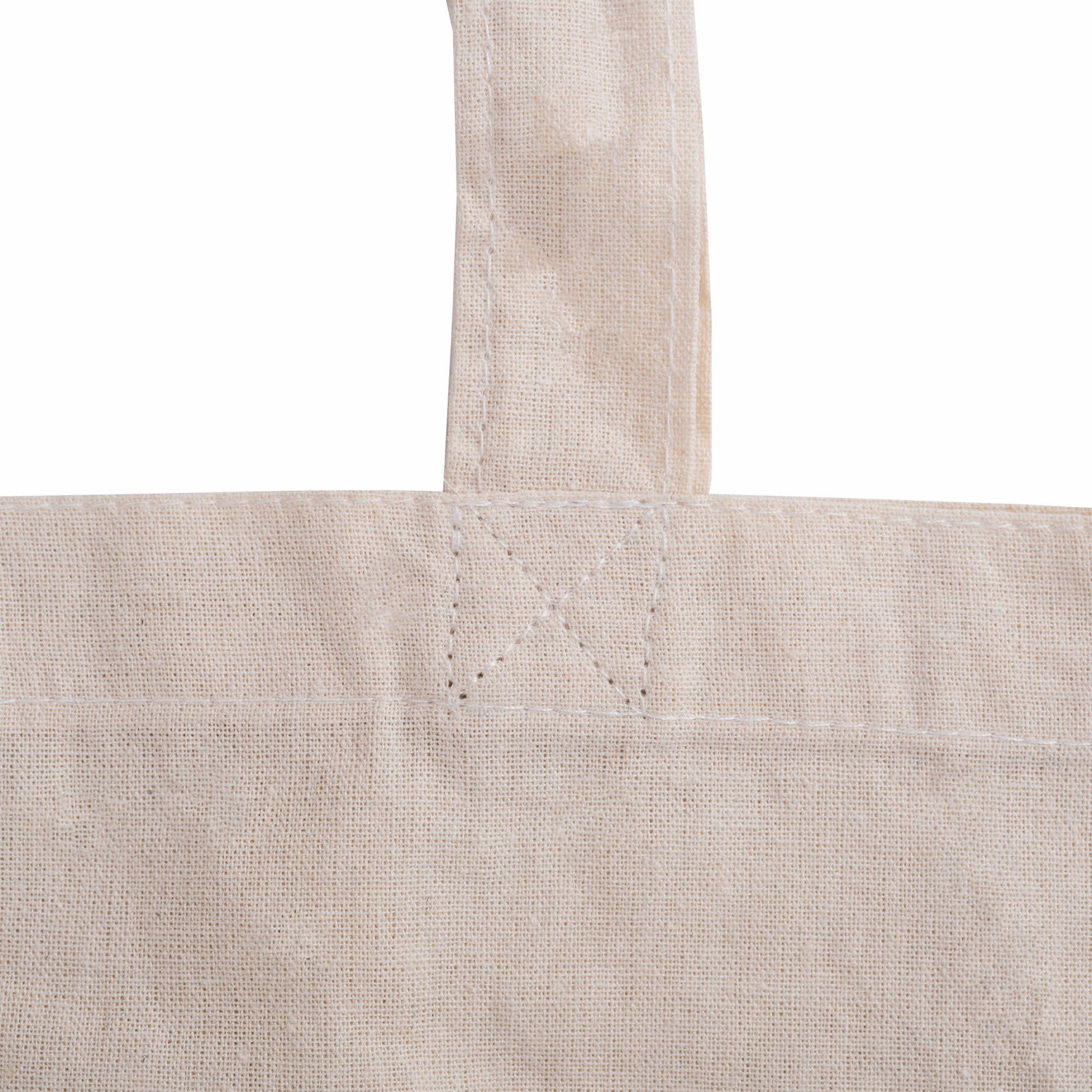 A cream-coloured tote bag with sturdy handles, featuring a simple design and a visible logo.