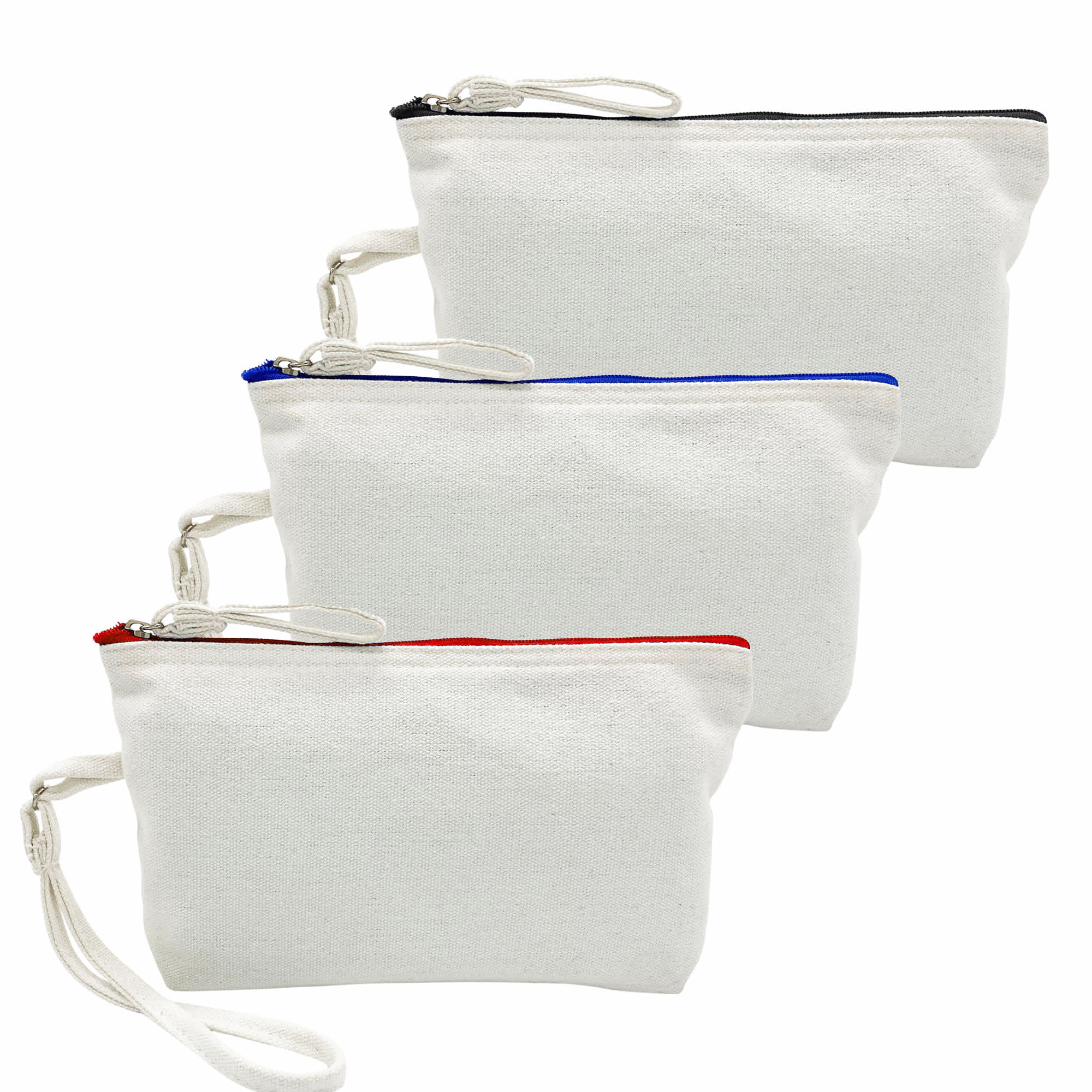 Three canvas cosmetic bags in white, each with a coloured zip (black, blue, and red) and a wrist strap.