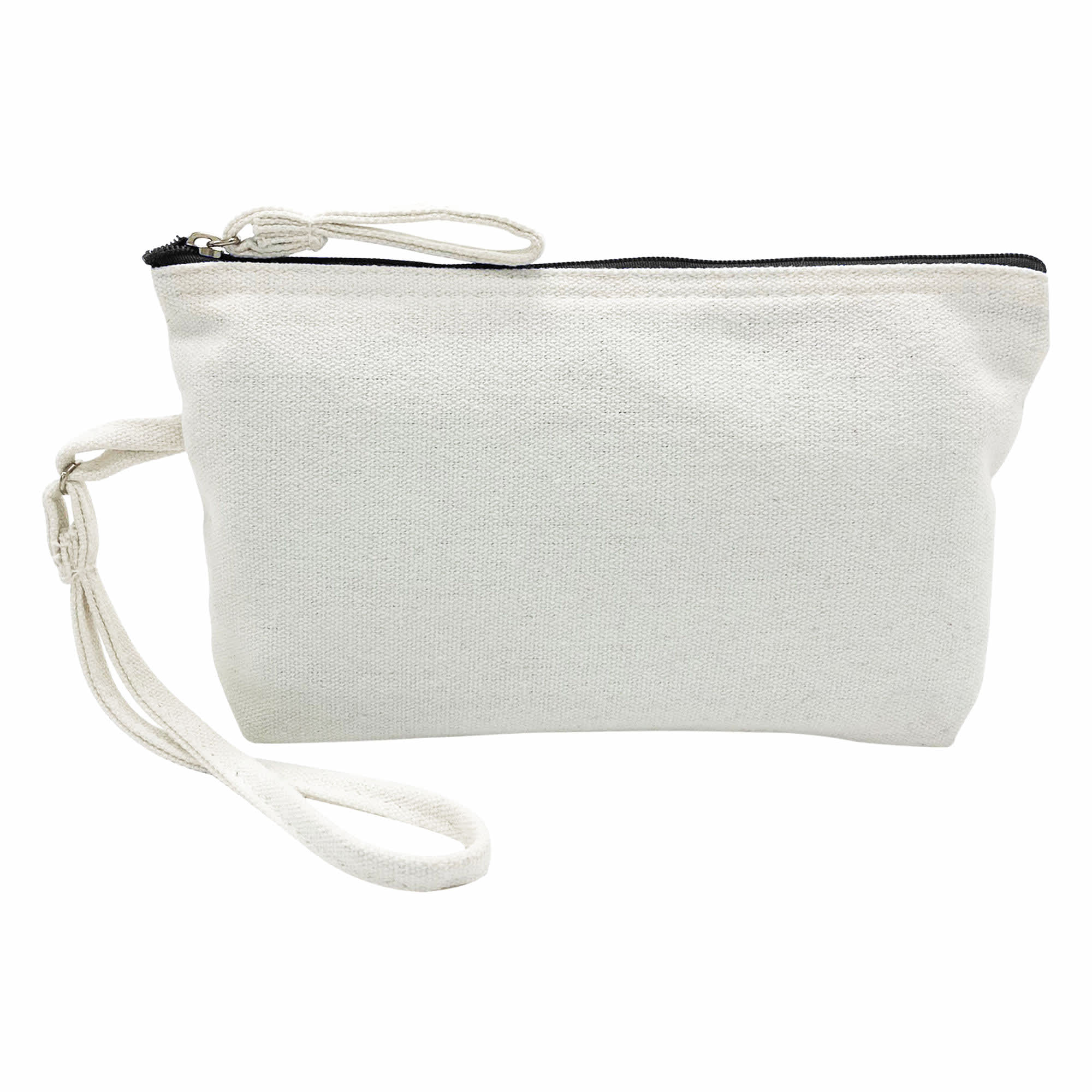 A cosmetic bag in white canvas with a black zipper and a detachable wrist strap. It features a logo on one side.