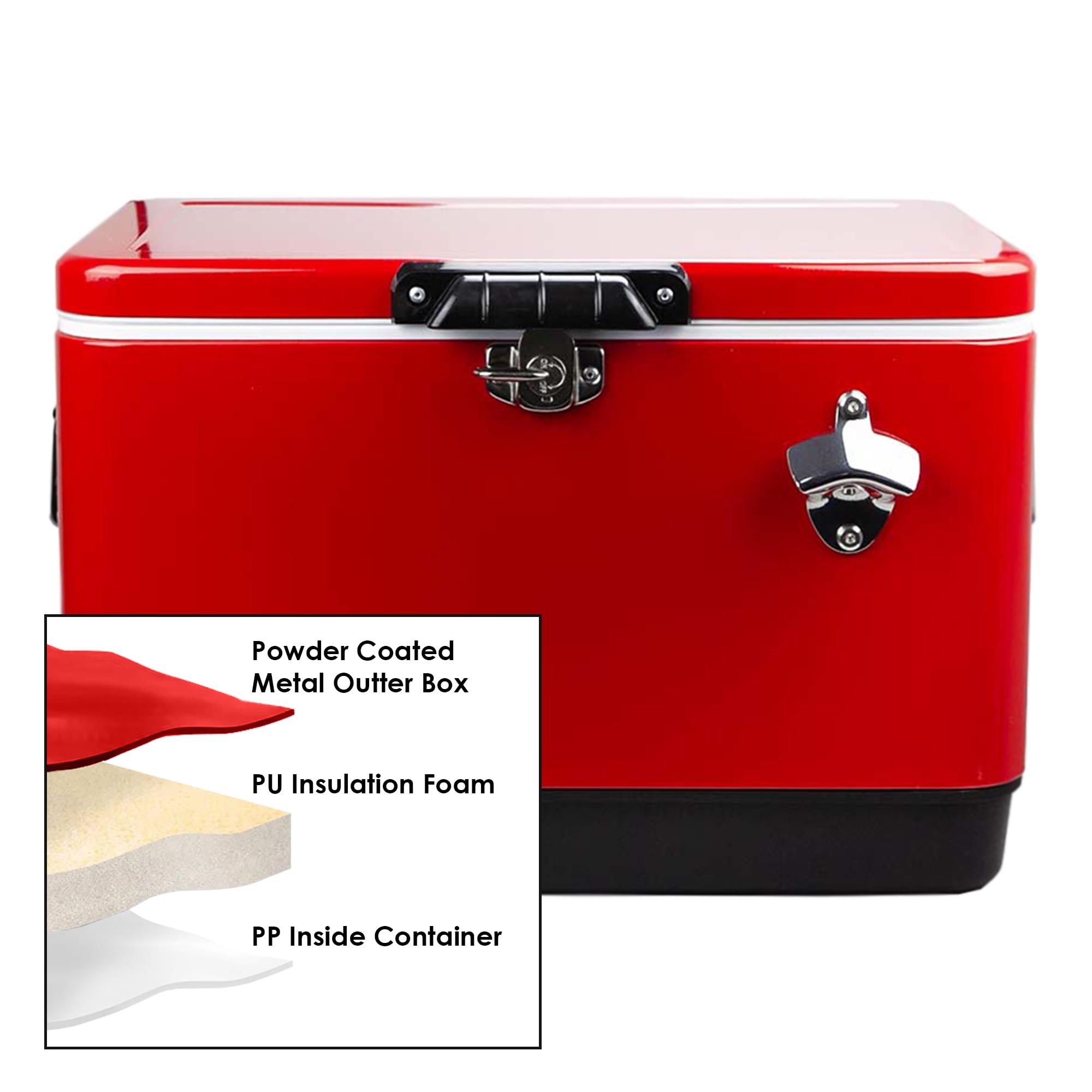 A red metal ice cooler box with a silver latch, featuring an insulated interior and a black base.