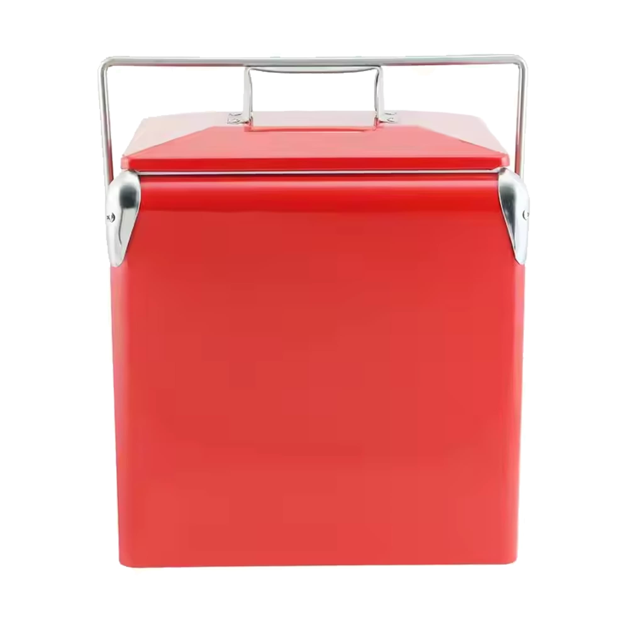 A retro red metal ice cooler box with a silver handle, designed for storing food and drinks.