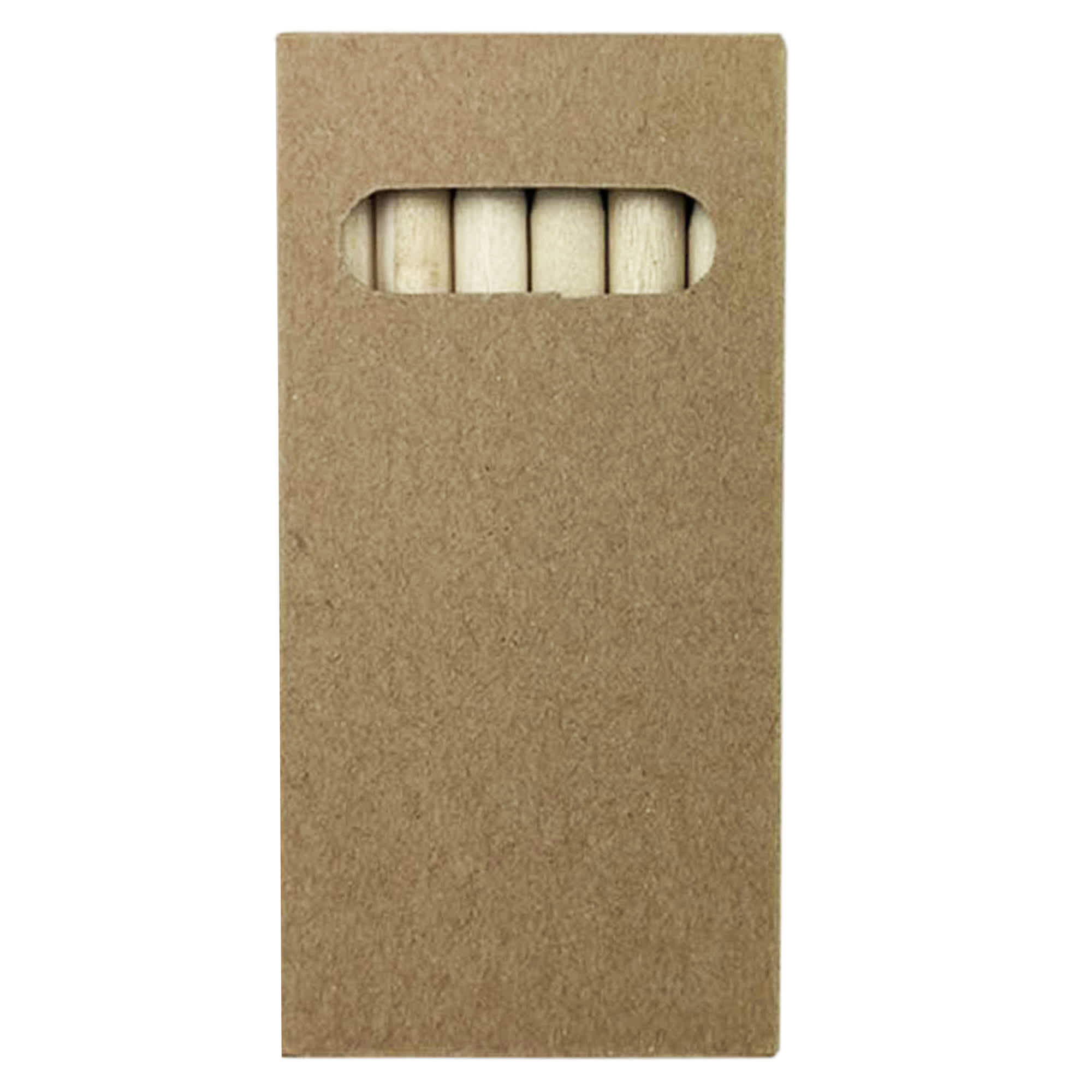 A pencil pack featuring several coloured pencils visible through a cut-out window on a brown cardboard cover.
