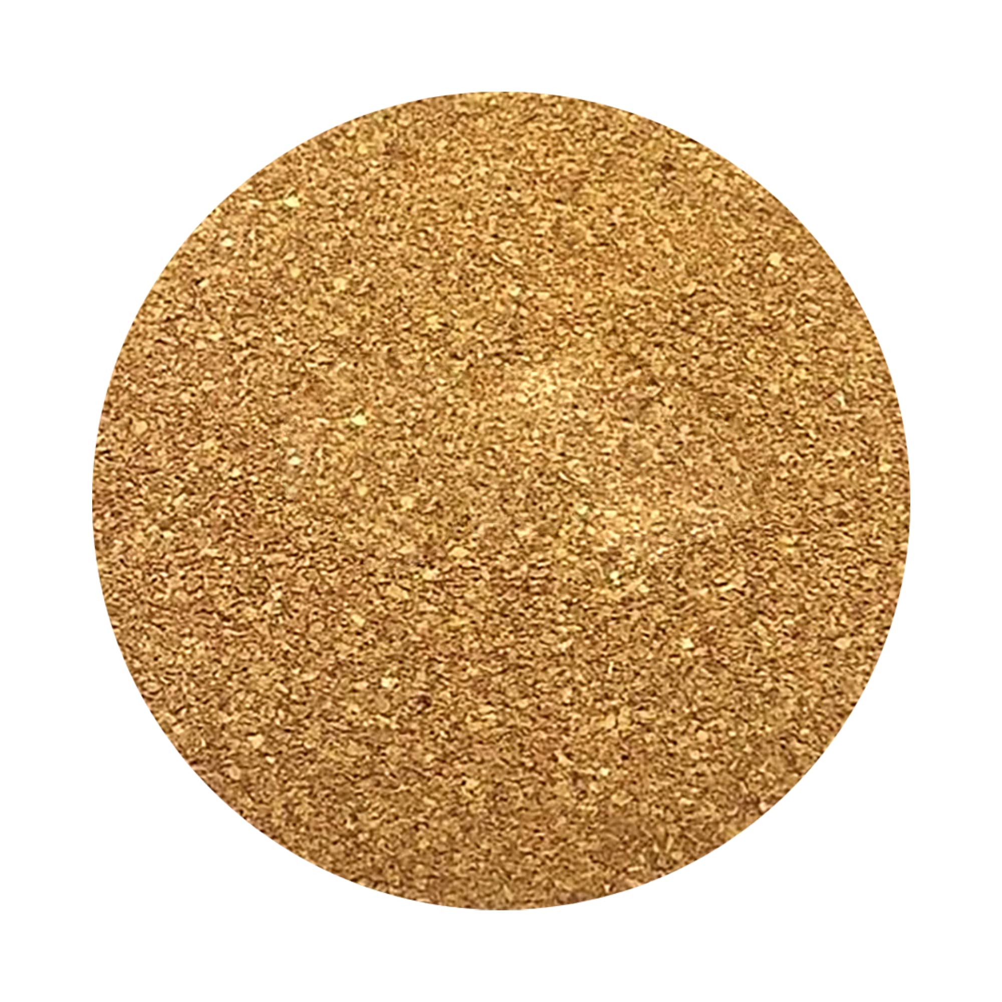 A round cork coaster with a textured, golden surface, featuring a branding logo.