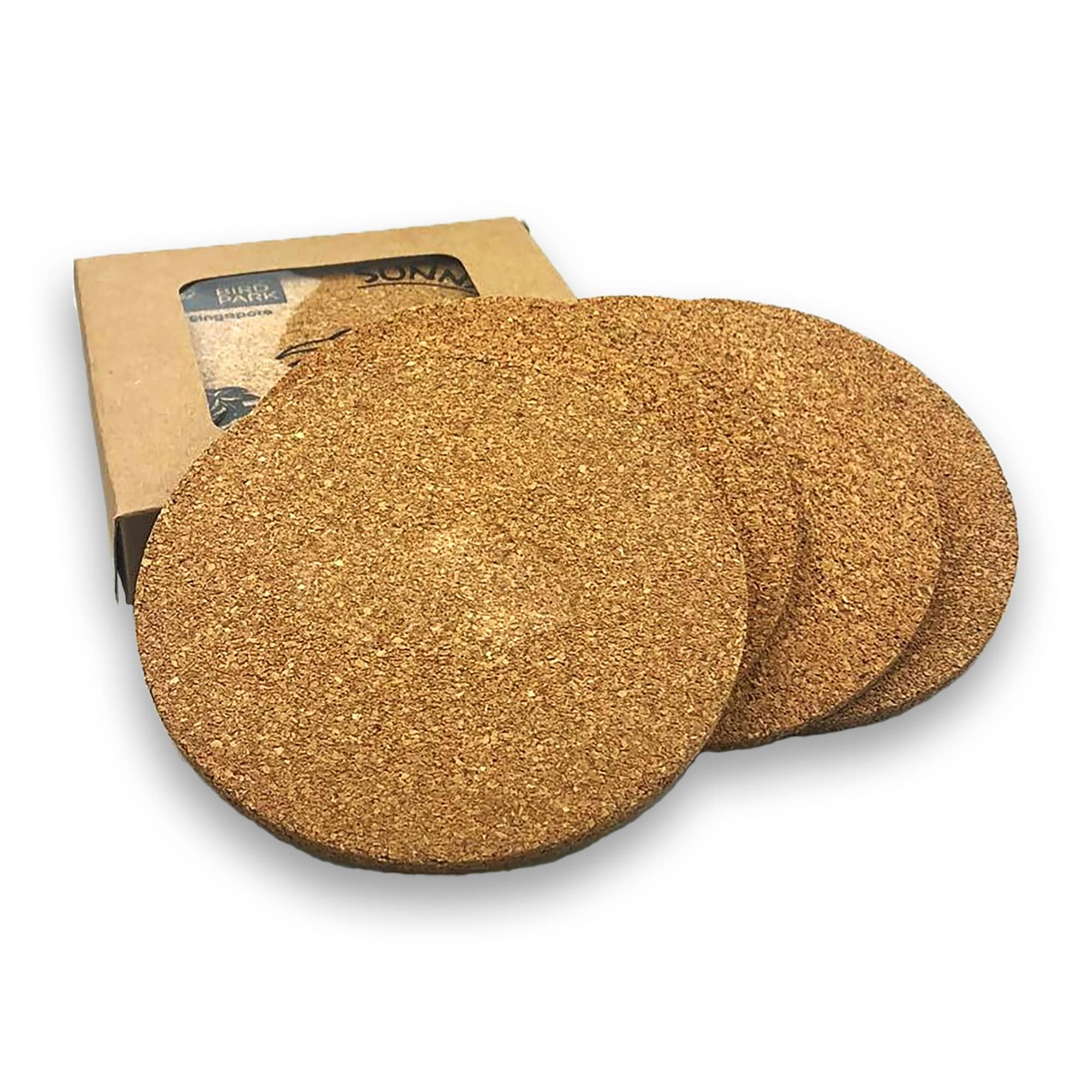 A round set of four natural cork coasters in a brown cardboard box, featuring a simple design.