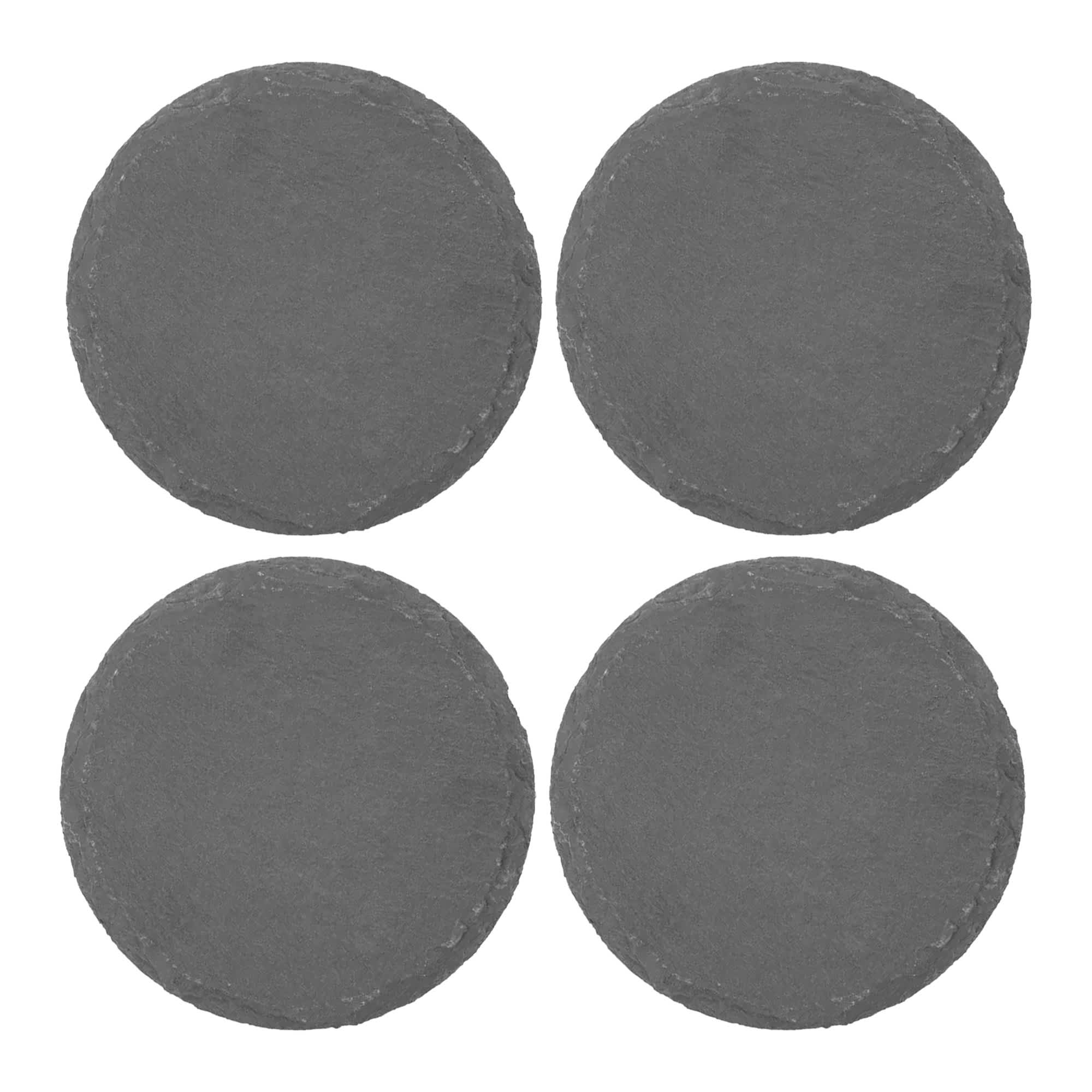 A set of four round slate coasters in dark grey, featuring a textured edge.