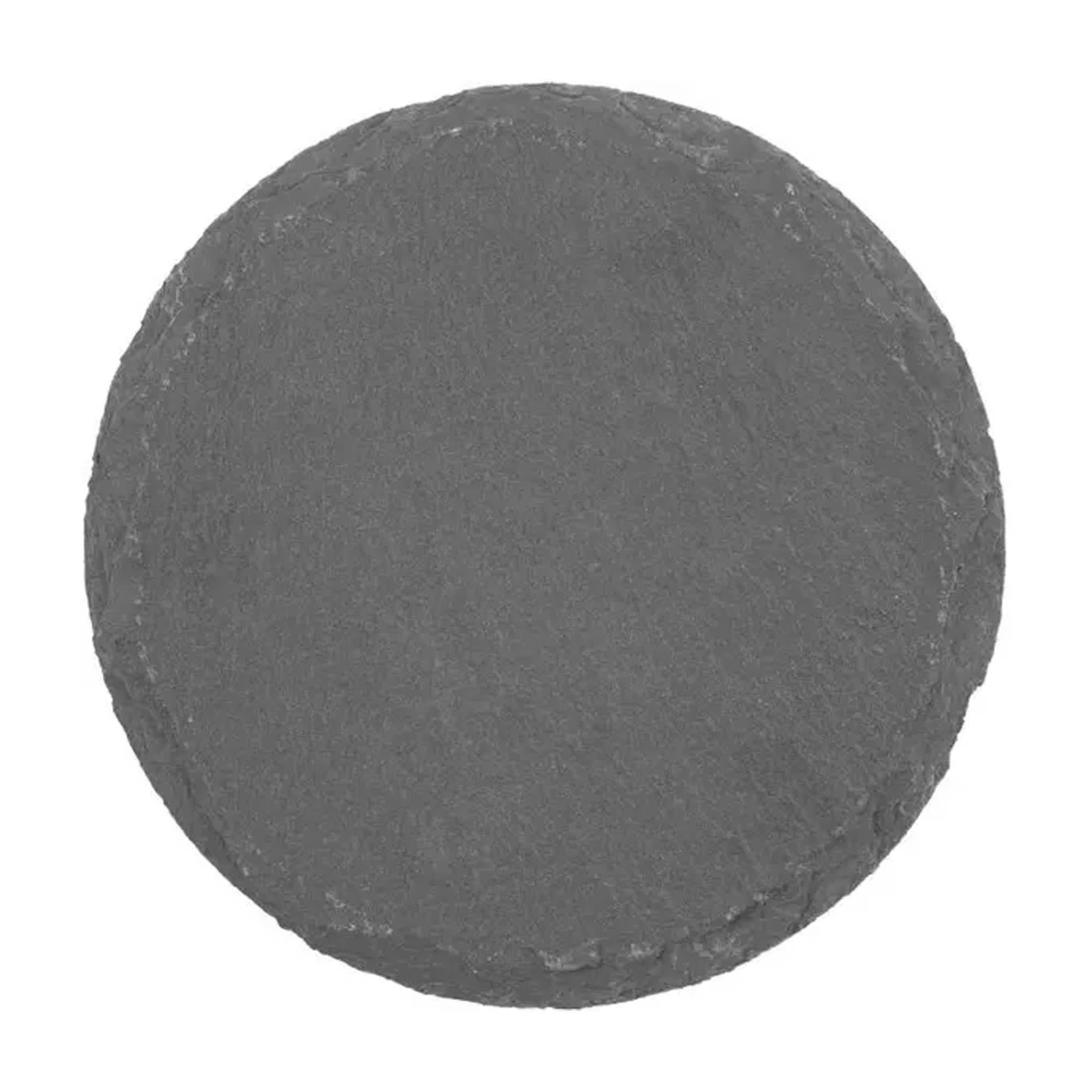 A set of four round grey slate coasters with a textured finish. Each coaster has an irregular edge.