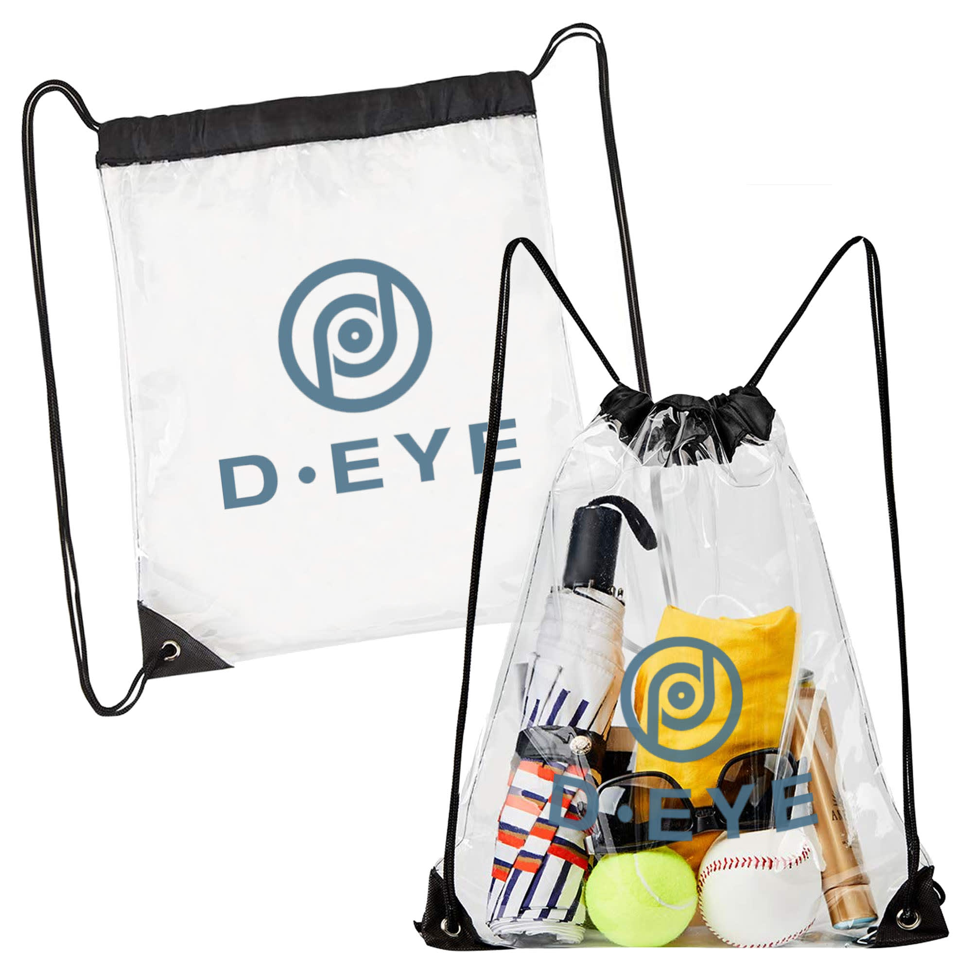 A clear drawstring bag with black trim contains various items, including a drink bottle and sports equipment.