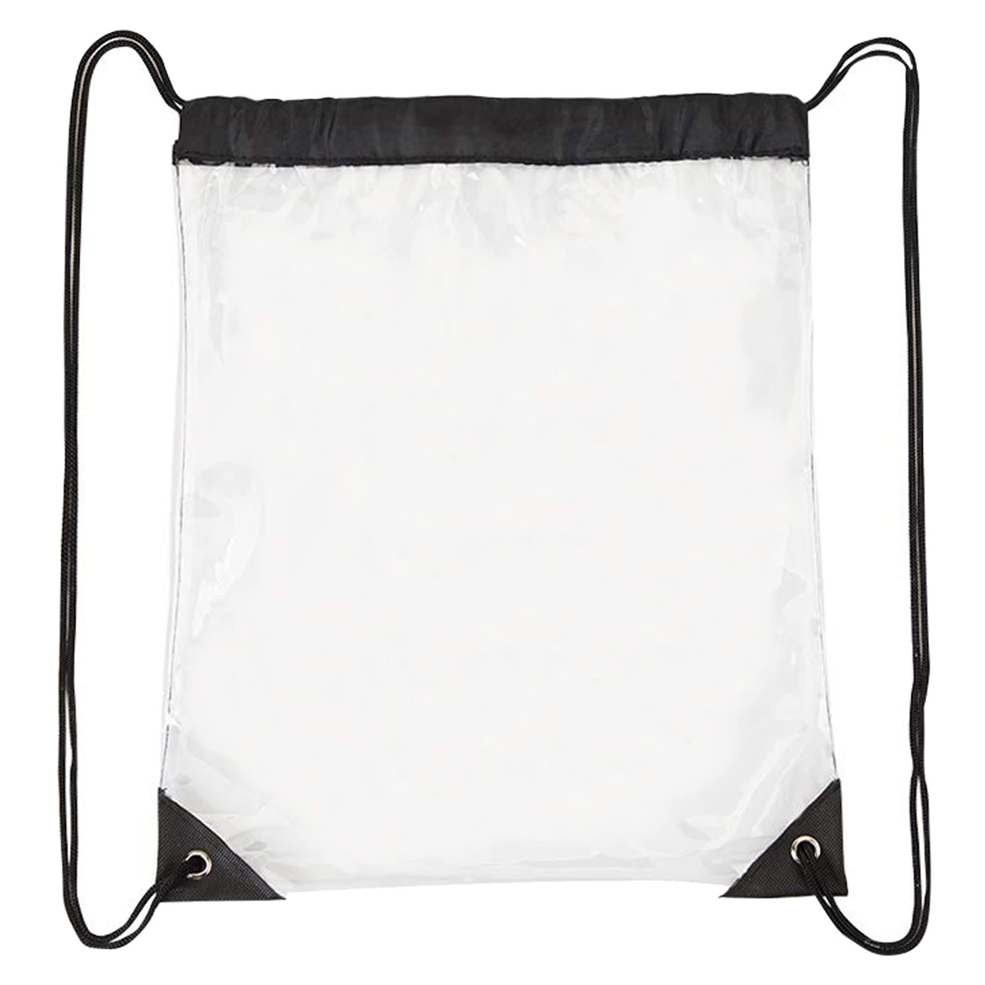 A clear drawstring backpack with black accents and corners, featuring adjustable straps and a simple design.