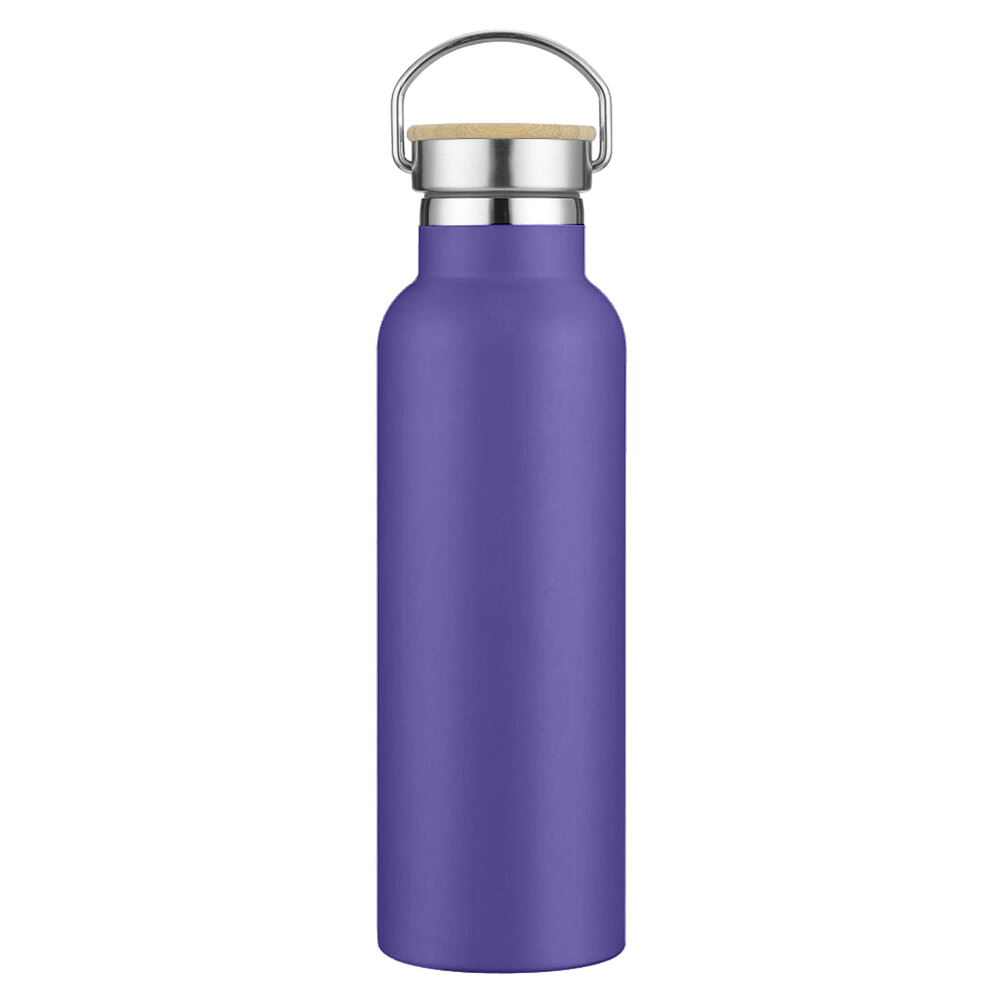 A drink bottle in a vibrant purple hue with a stainless steel top and wooden accent. It features a logo.