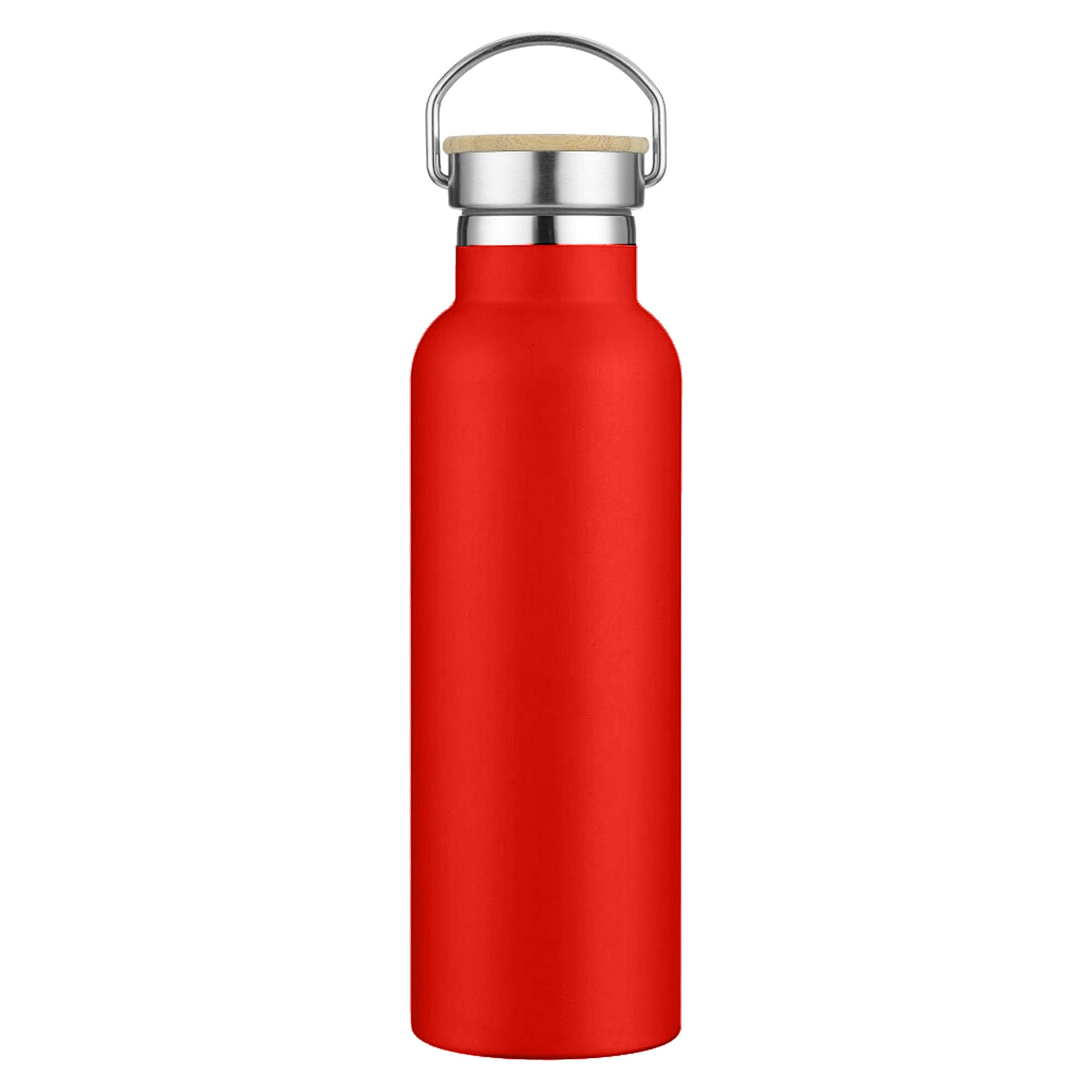 A drink bottle in bright red with a silver metal top and a wooden handle. It features a logo on the body.