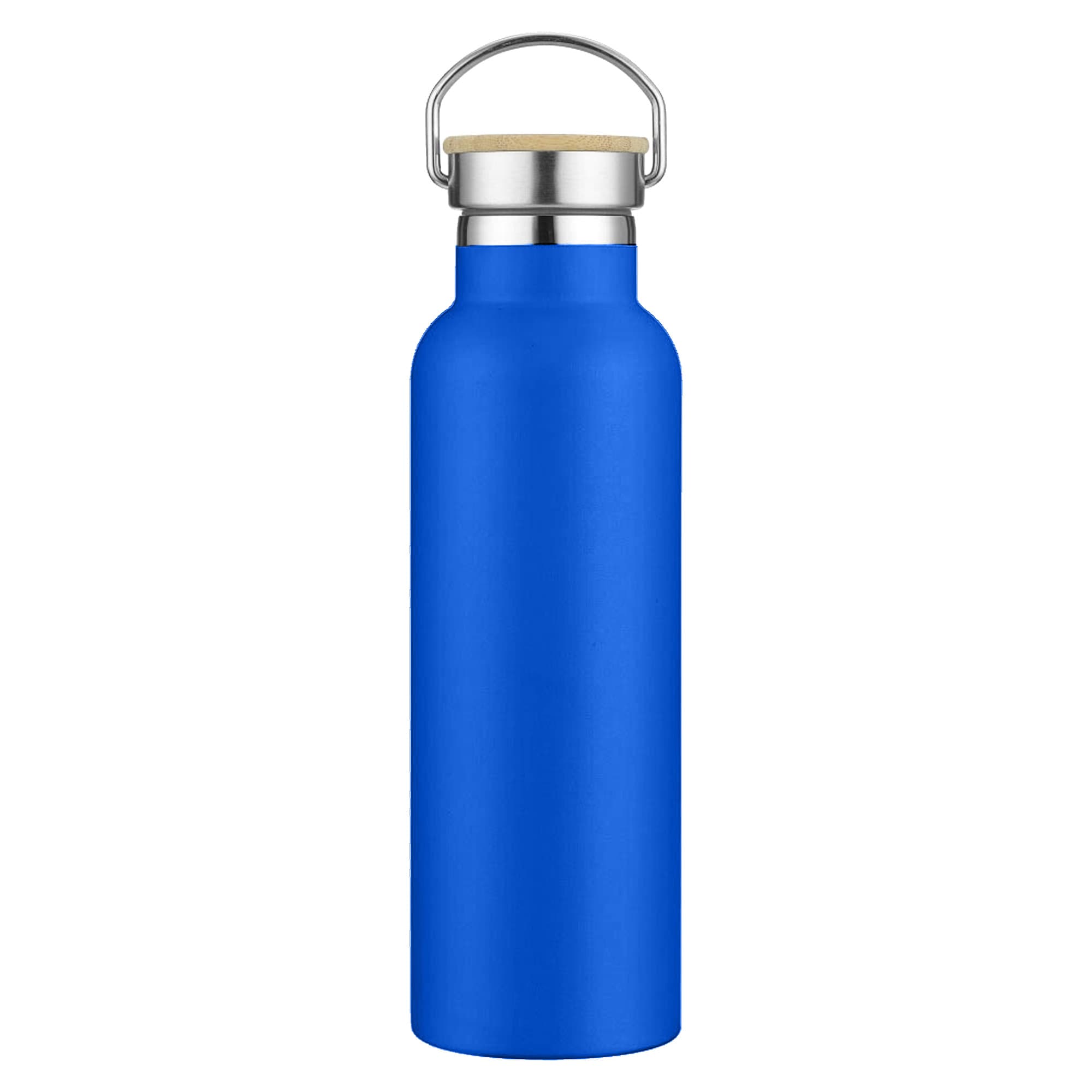 A drink bottle in a vibrant blue colour, featuring a stainless steel top and a wooden accent.
