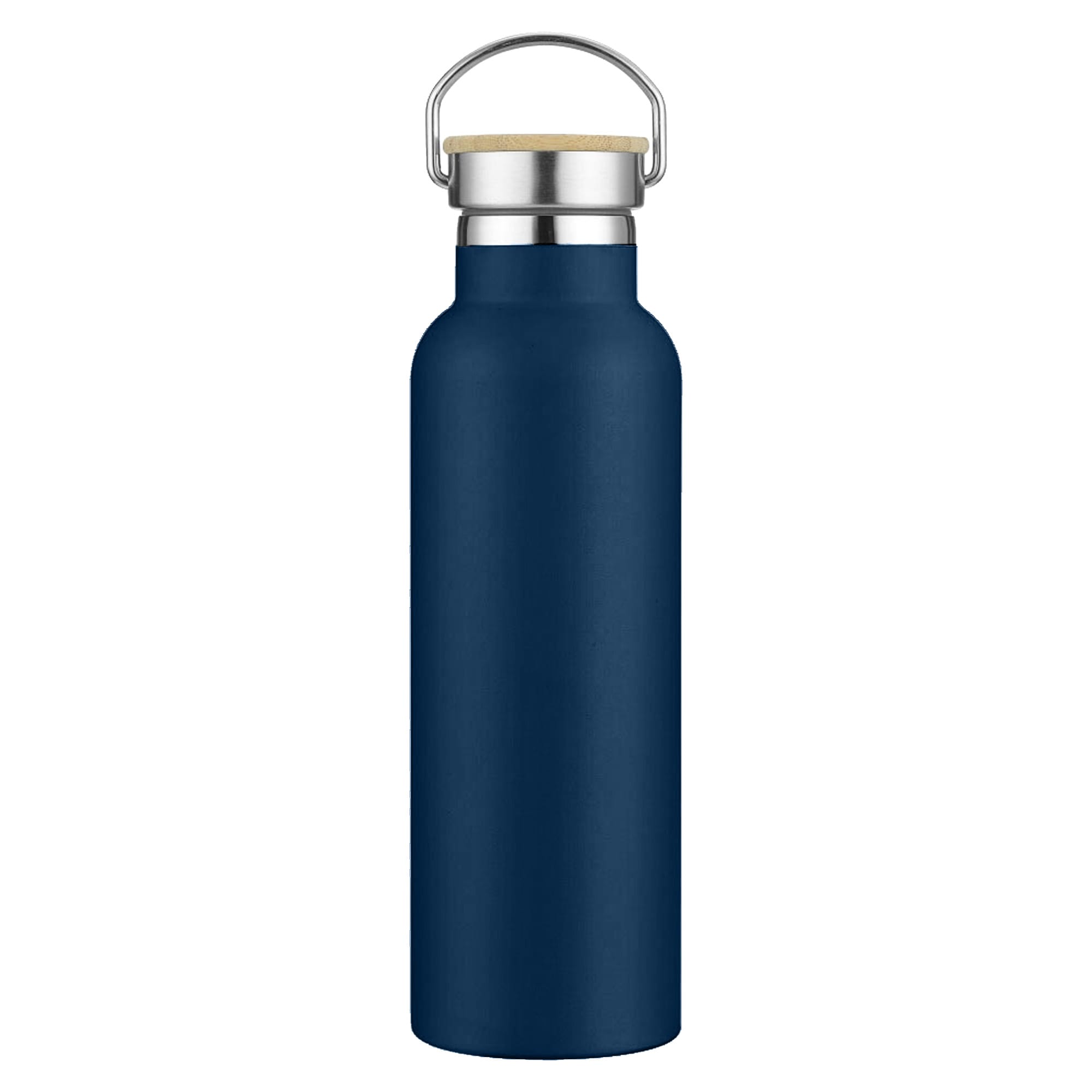 A drink bottle in navy blue with a stainless steel lid and a wooden accent. It features a logo on its surface.