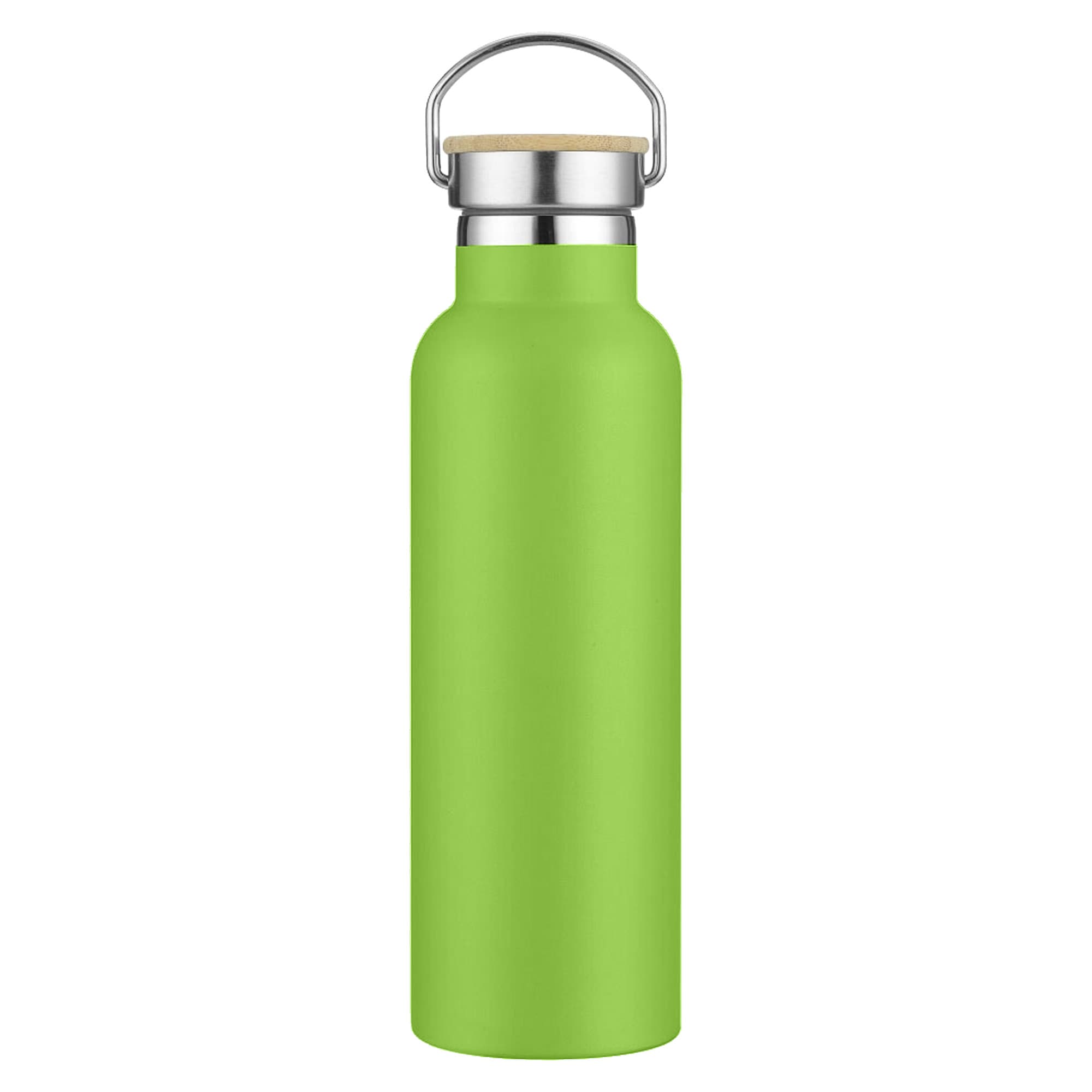 A drink bottle in vibrant green with a stainless steel lid and a wooden accent. It features a logo on the body.