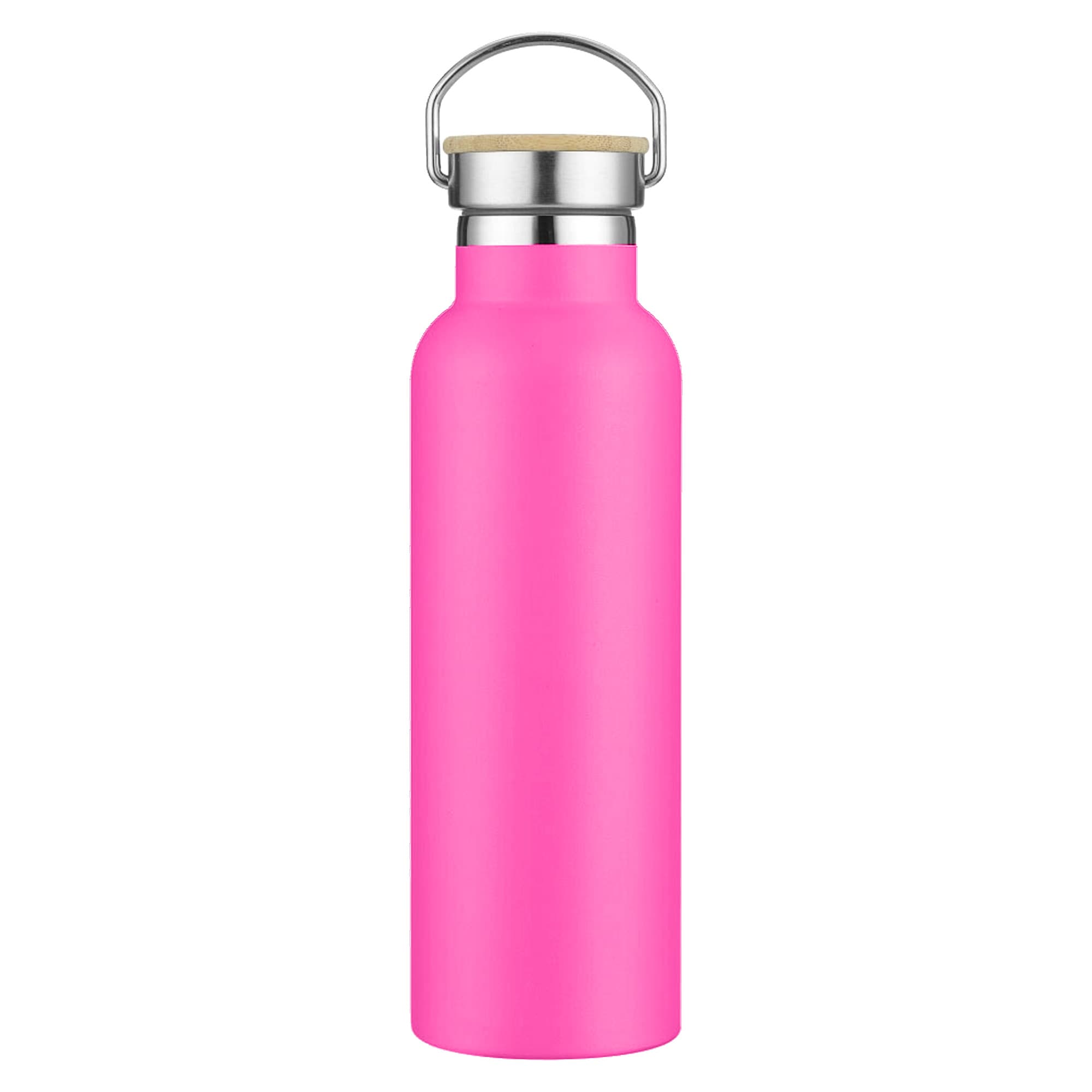 A drink bottle in vibrant pink with a silver lid and wooden accent, featuring a logo.