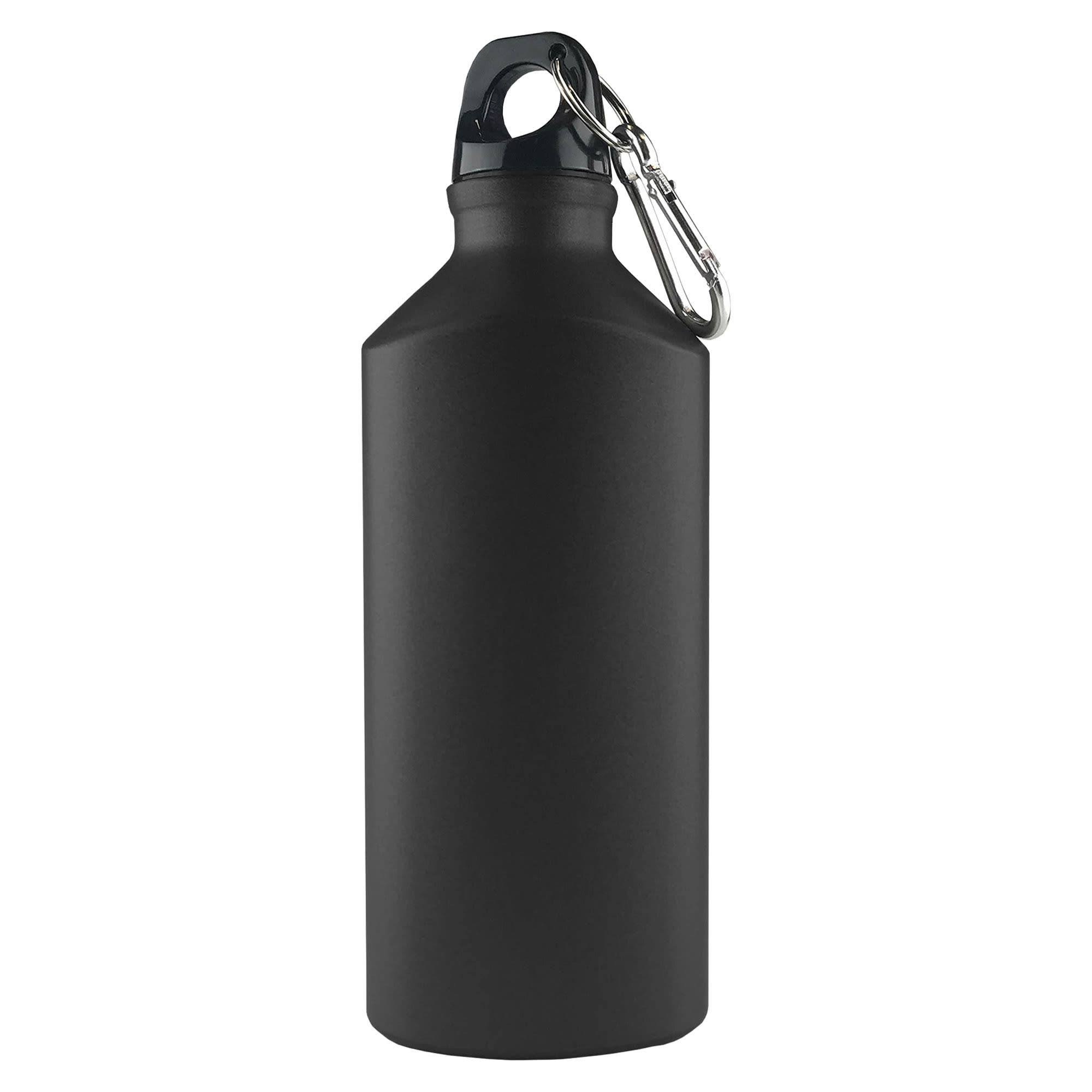 A drink bottle in matte black with a detachable carabiner attachment and a modern design.