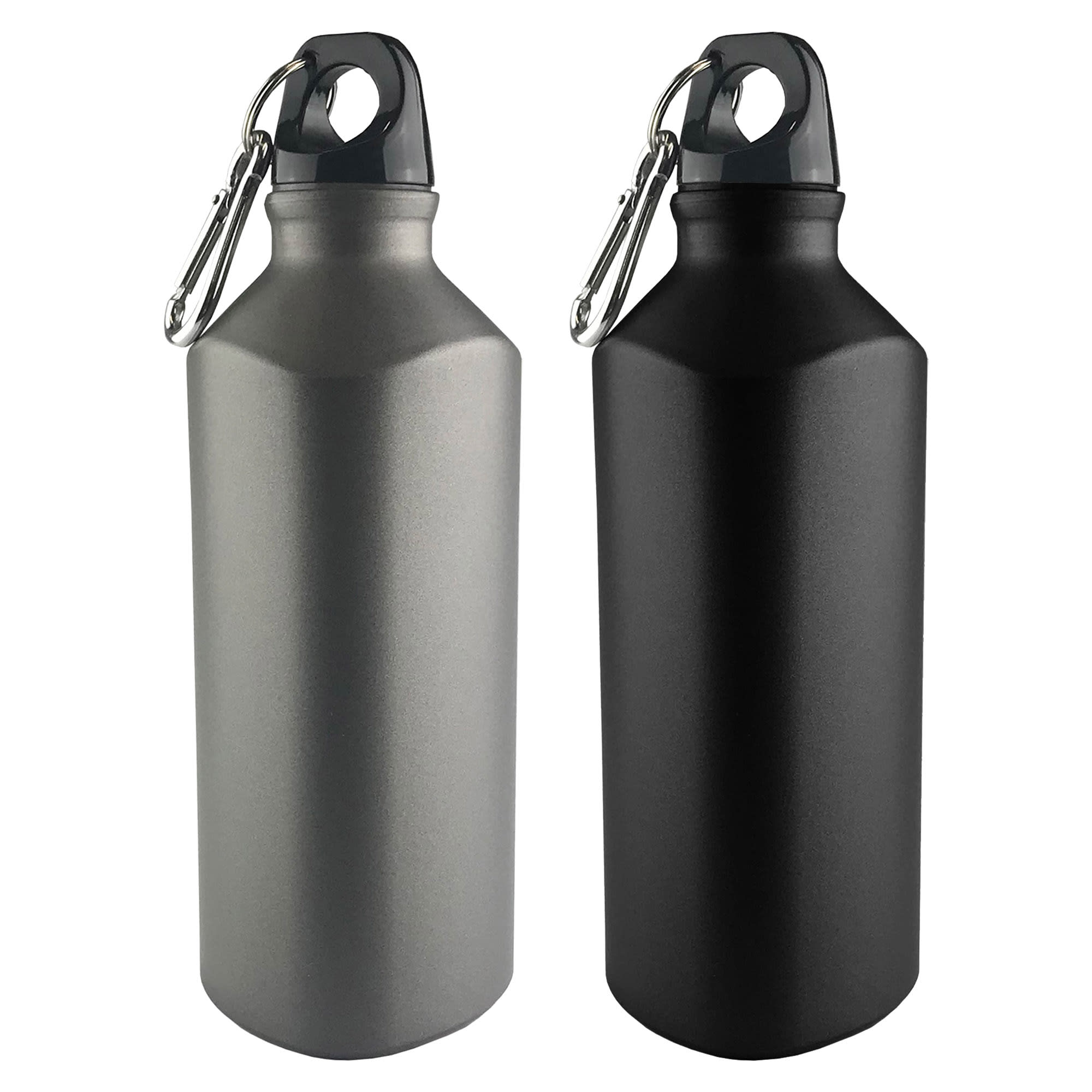 A drink bottle set featuring one silver and one black bottle, both with a detachable carabiner and logo.