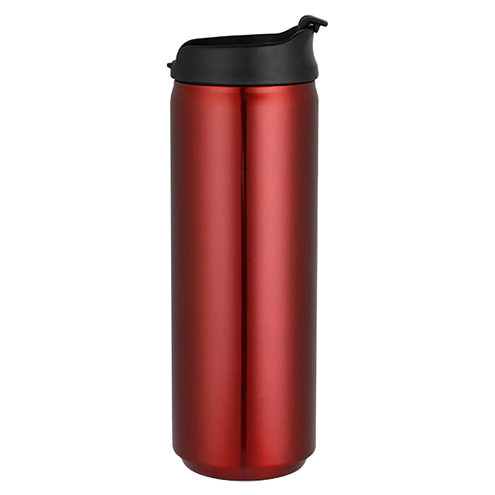 A drink bottle in a sleek red finish with a black lid and a logo. Ideal for beverages on the go.