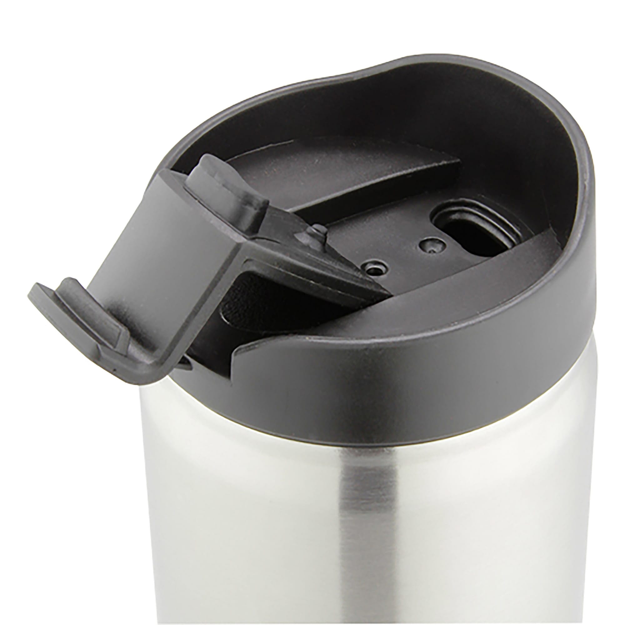 A drink bottle with a stainless steel body and a black lid featuring a flip-top spout.