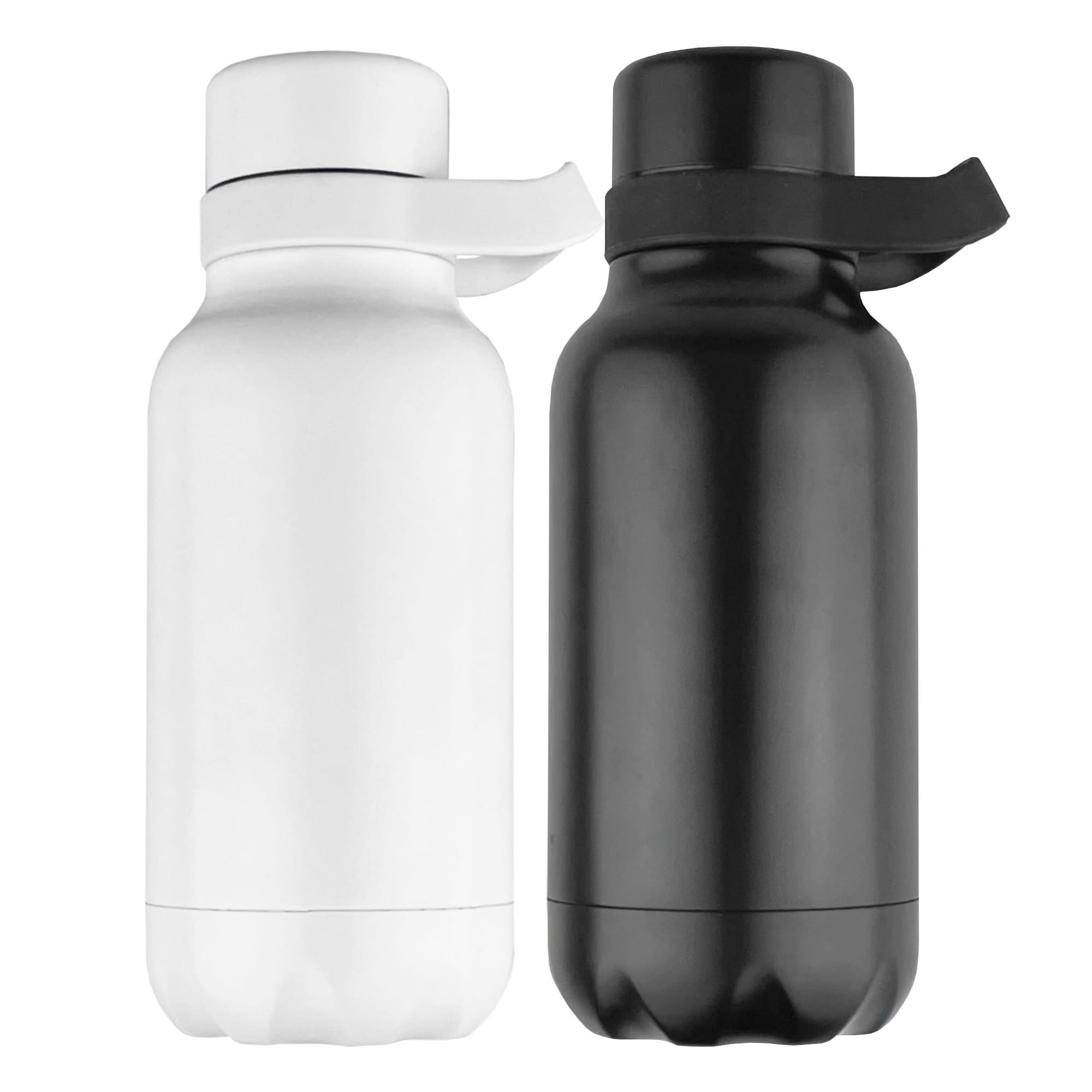 A drink bottle set featuring a white and a black vacuum-insulated bottle, each with a handle and a sleek design.
