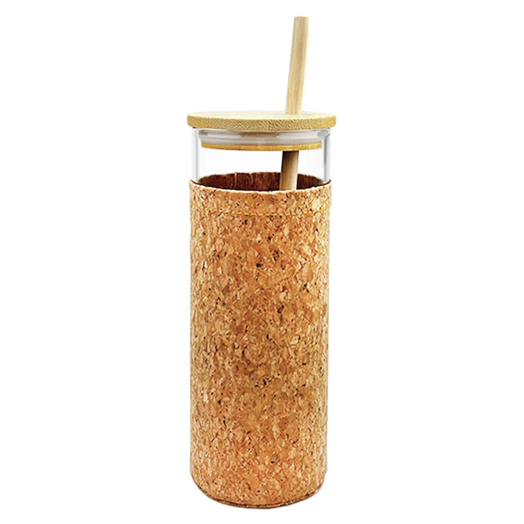 A drink bottle made of glass, featuring a cork exterior and a bamboo lid with a straw.