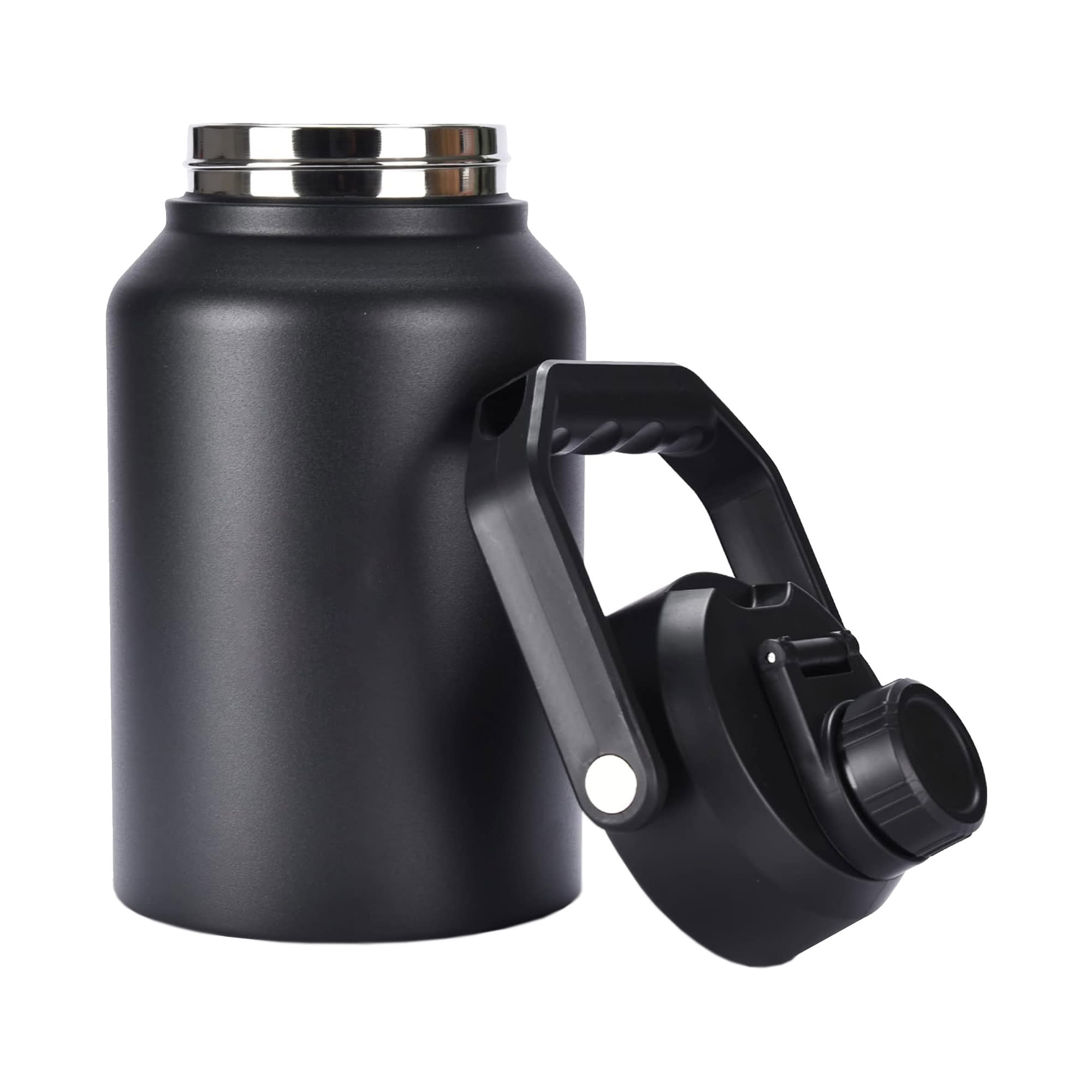 A drink bottle in matte black with a metallic cap and a sturdy handle, featuring a removable lid and a spout.