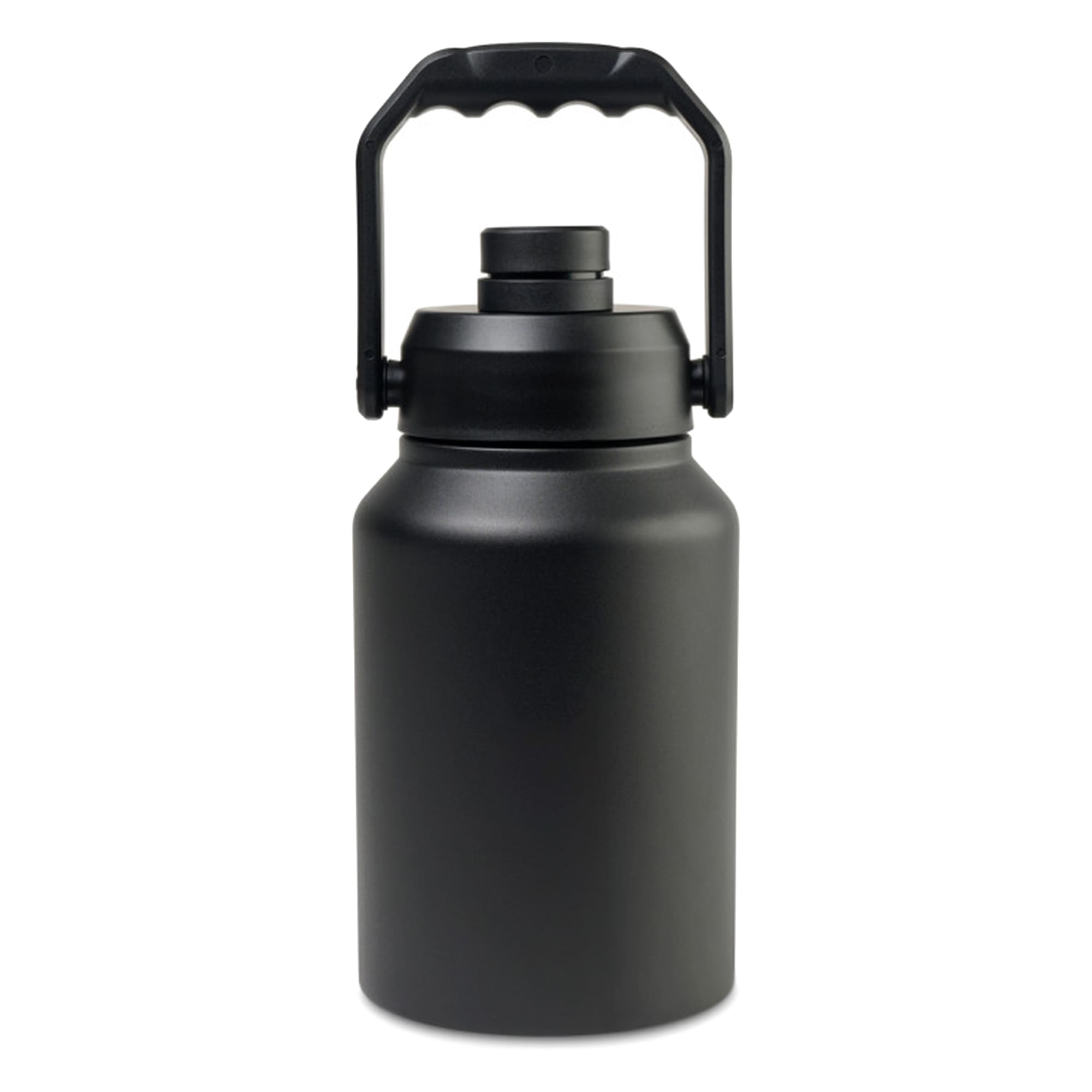 A drink bottle in matte black with a handle and a secure lid. The design features a simple, rounded shape.