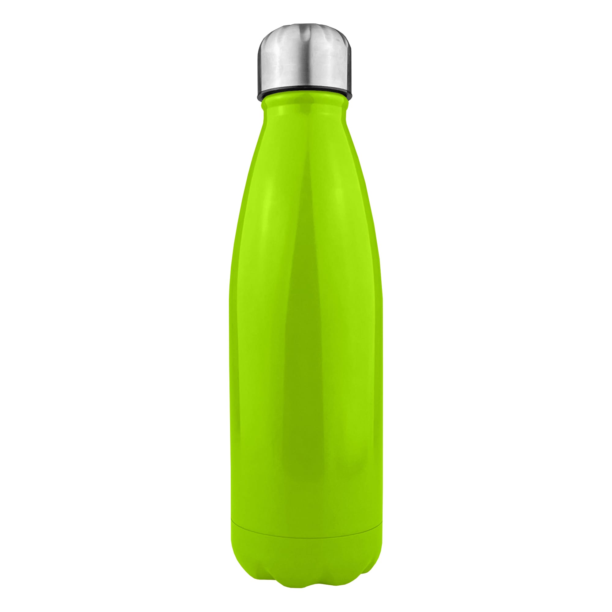 A drink bottle in bright green stainless steel with a shiny silver lid and a branding logo.