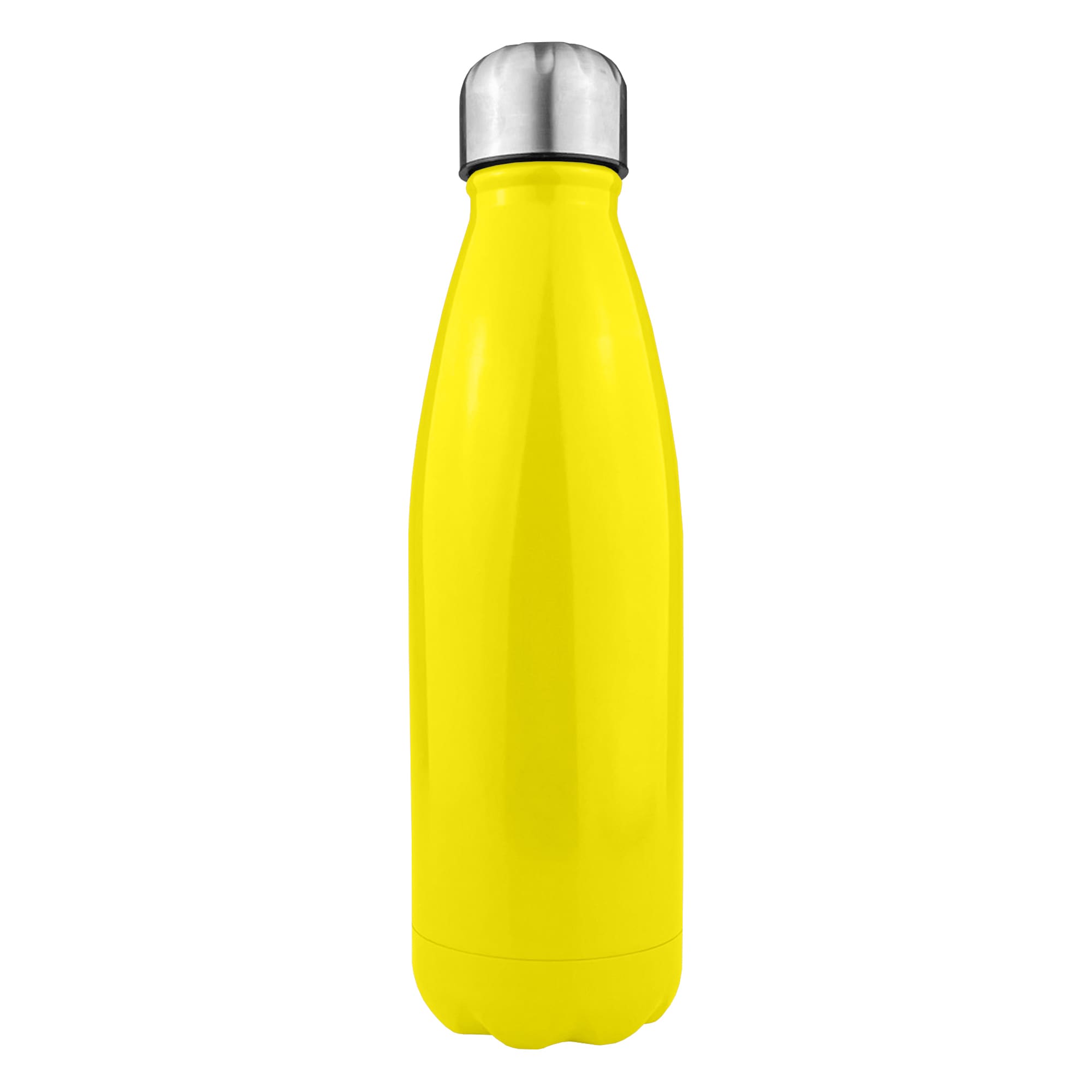 A drink bottle in vibrant yellow stainless steel with a silver screw-on lid and a sleek, single wall design.